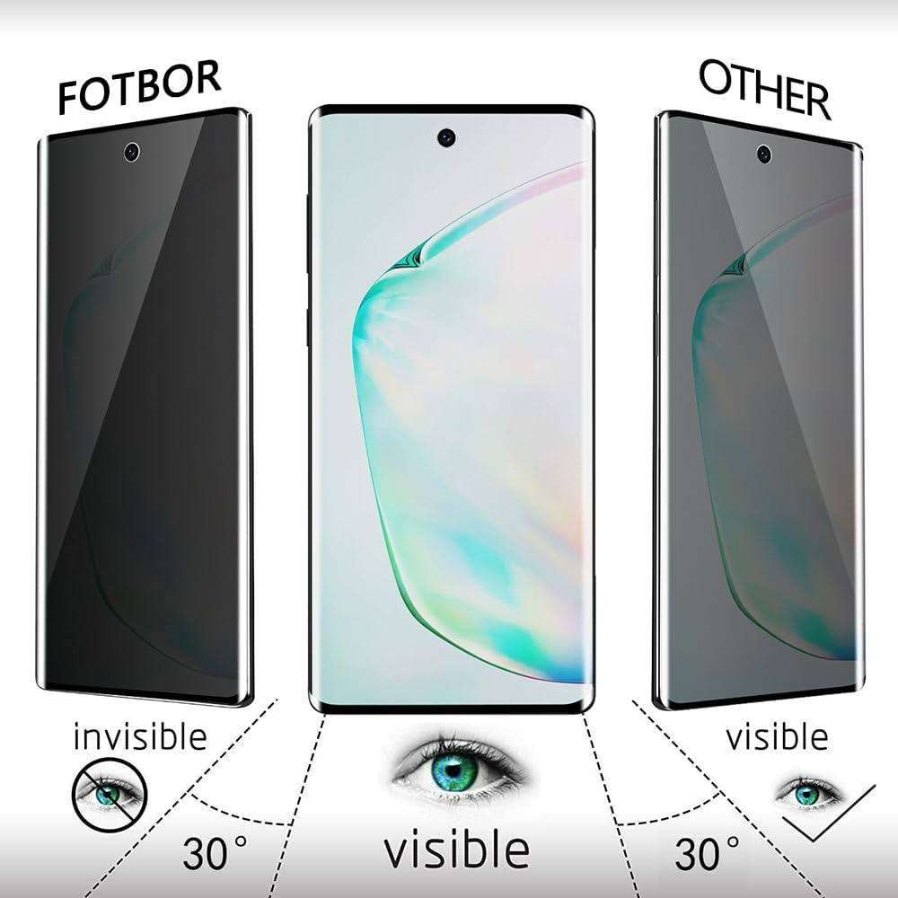 Fotbor 2 Pack for Samsung Galaxy Note 10 Plus Privacy Tempered Glass Screen Protector, 9H Hardness Anti-Scratch Fulll Coverage Case Friendly [Don’t Support Fingerprint Unlock]
