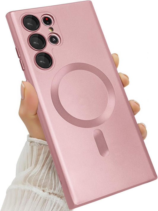 Magnetic for Samsung Galaxy S22 Ultra Case for Women Men Girls [Compatible with MagSafe] [Camera Lens Protector] Matte Cute Slim Soft Silicone Bumper Shockproof Metallic Phone Case, Pink