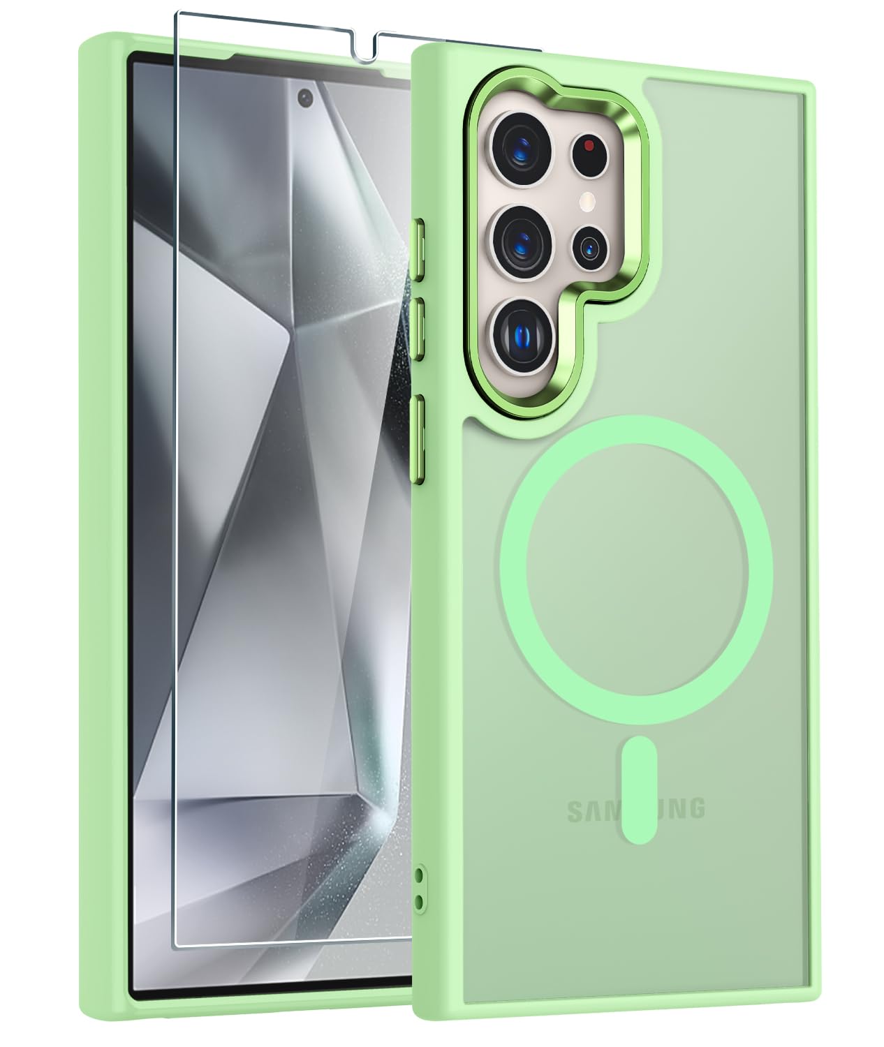 WRJ for Samsung Galaxy S25 Case,Galaxy S24 Case with Screen Protector,[Compatible with Magsafe] Magnetic Slim Matte Translucent Phone Case Women Men Shockproof Protective Cover-Matcha Green