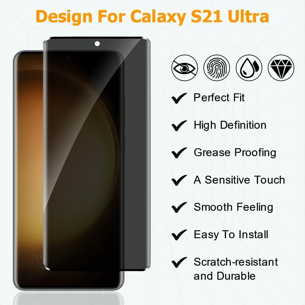 [2+2 Pack] Galaxy S21 Ultra Privacy Screen Protector with Camera Lens Protector, 9H Tempered Glass, Fingerprint Support, 3D Curved, HD Clear Anti-Spy Film for Galaxy S21 Ultra 5G (6.8 Inch)