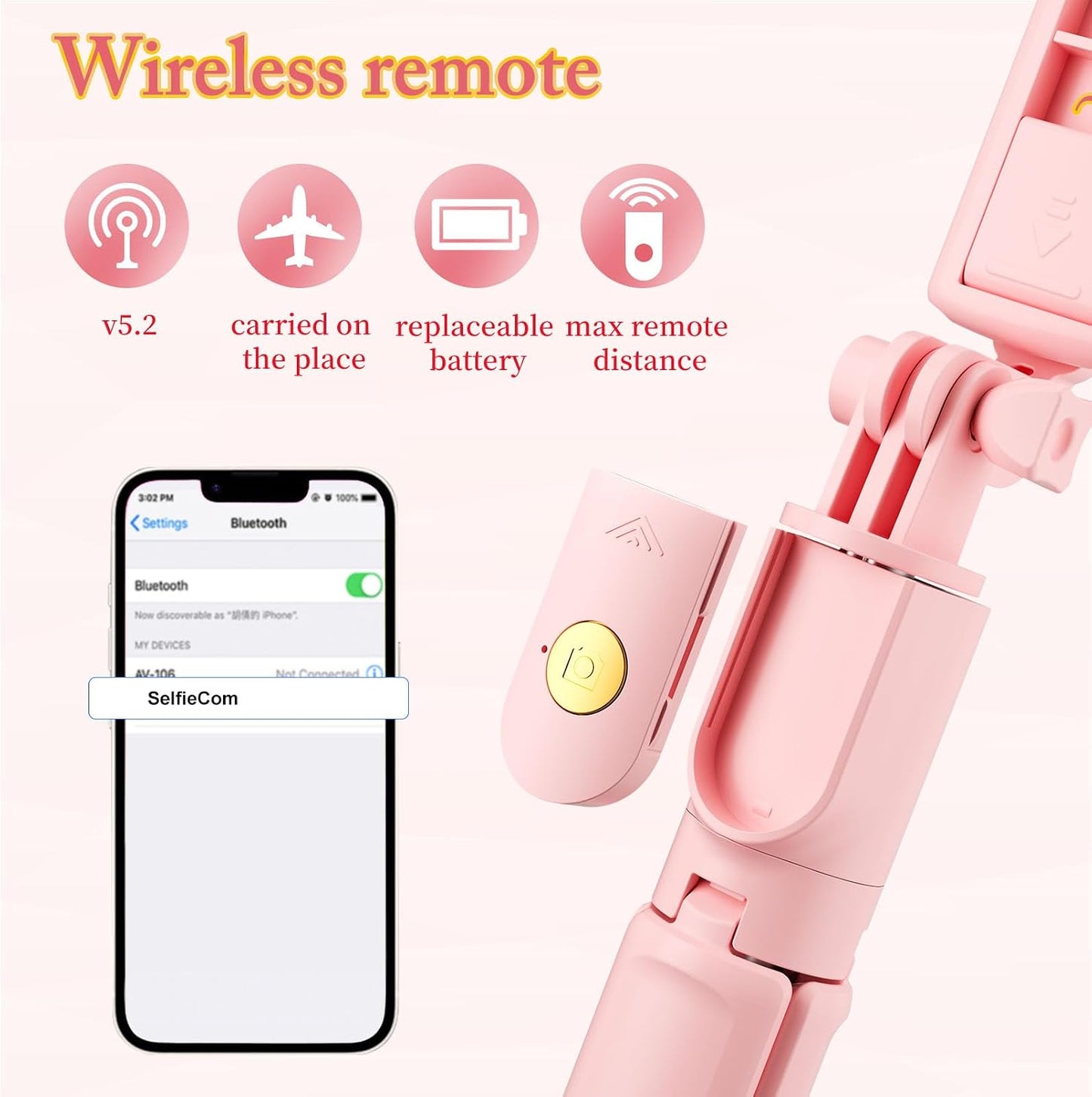Pink Selfie Stick Tripod, with Wireless Remote Control, Live Streaming and Video Recording, Compatible with Android, iPhone and More