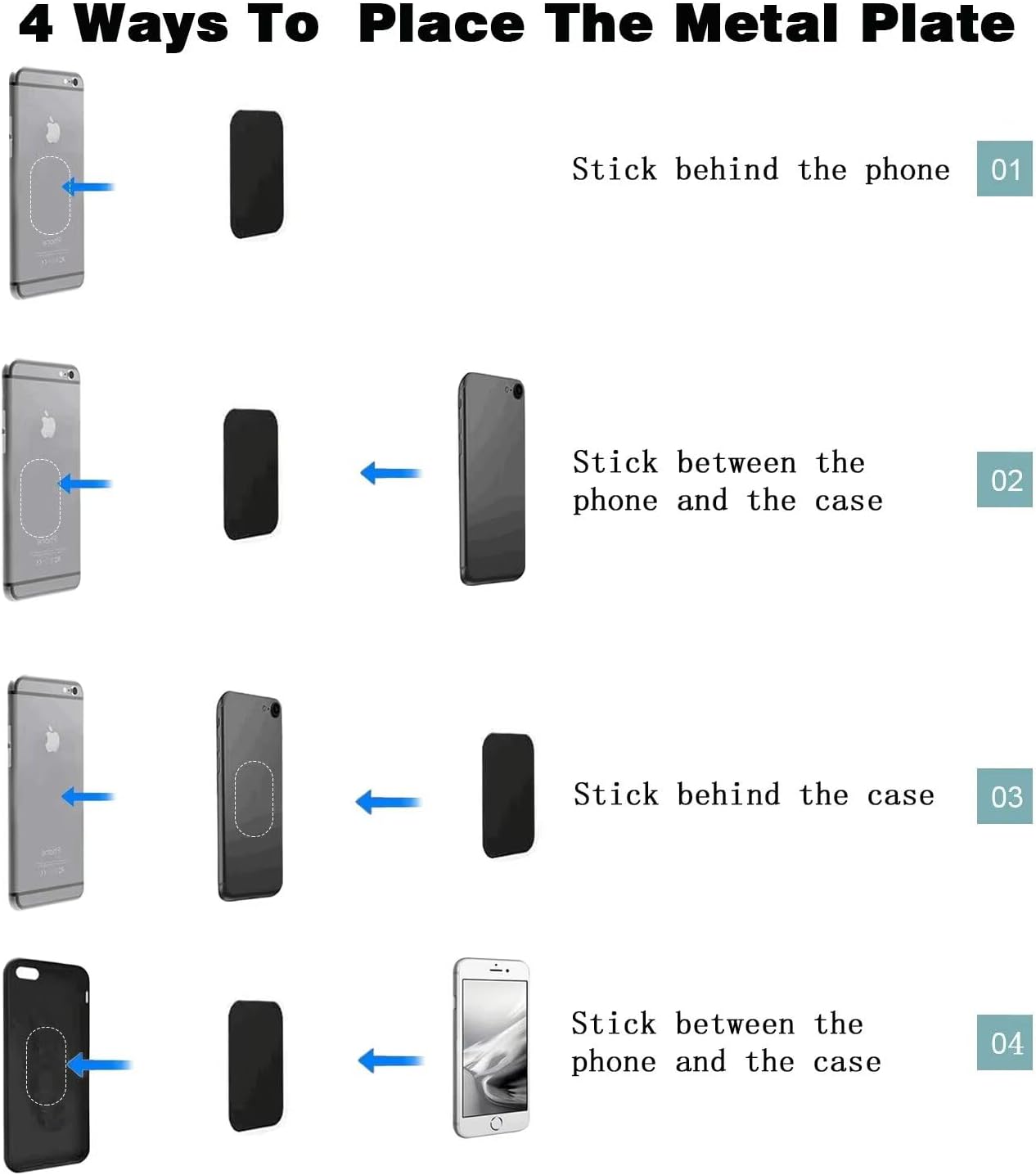 Adhesive Thin Metal Plates(Compatible with Magnetic Mounts),4 Piece Metal Plates for Phone Case(2 Rectangle and 2 Round) S-07N(Black)