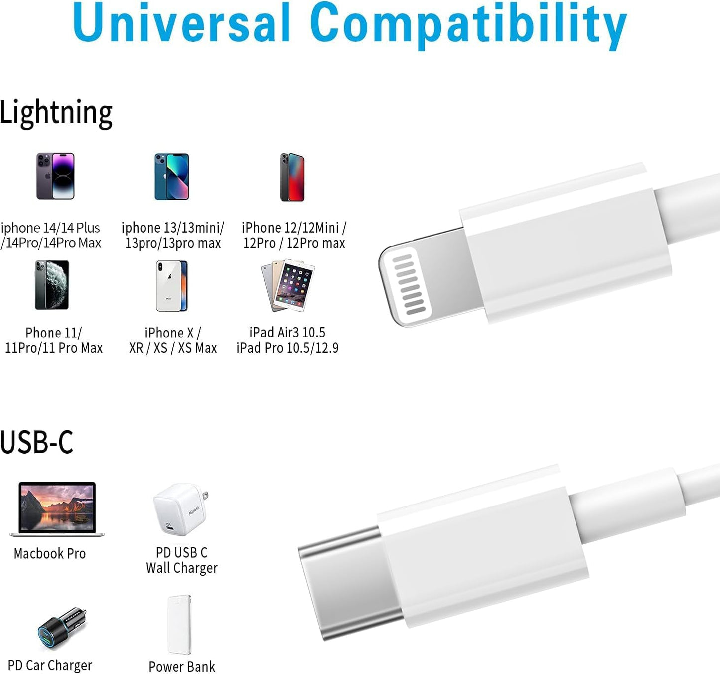 RCTech USB C to Lightning Cable 3Pack 6FT MFi Certified iPhone Fast Charger Cable USB-C Power Delivery Charging Cord for iPhone 14/13/12/11/XS/XR/X/8/iPad, White