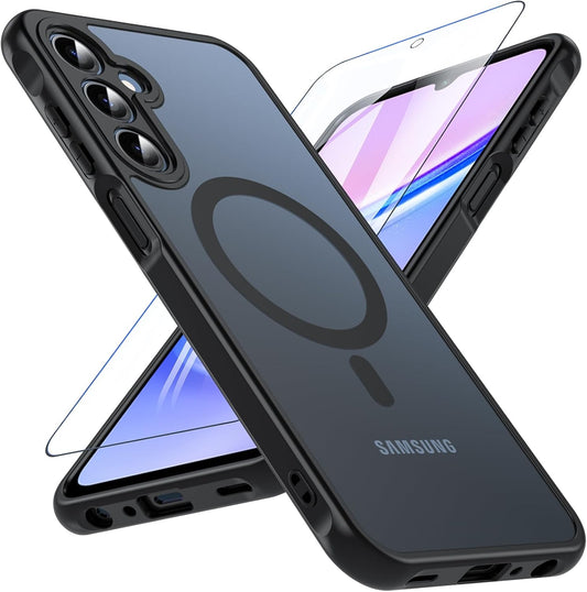 OWKEY Galaxy A15 5G Phone Case,Magnetic Samsung Galaxy A15 5G Case for Magsafe with Tempered Glass Screen Protector,[Shockproof Military] Translucent Back Slim Bumper Cover Samsung A15 5G case, Black