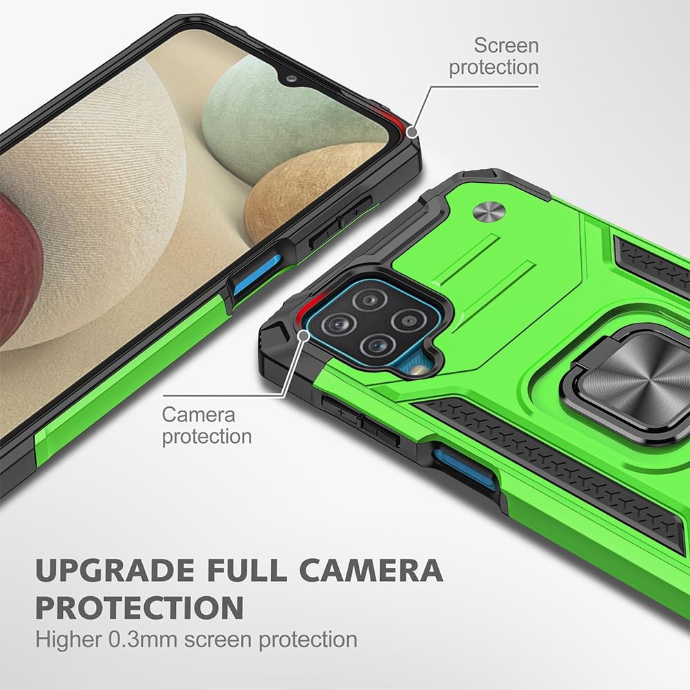 HNHYGETE for Galaxy A12 Phone Case with Screen Protector, 360°Military Grade Rotatable Kickstand [Shockproof] Protective Cases for Samsung Galaxy A12 (Green)
