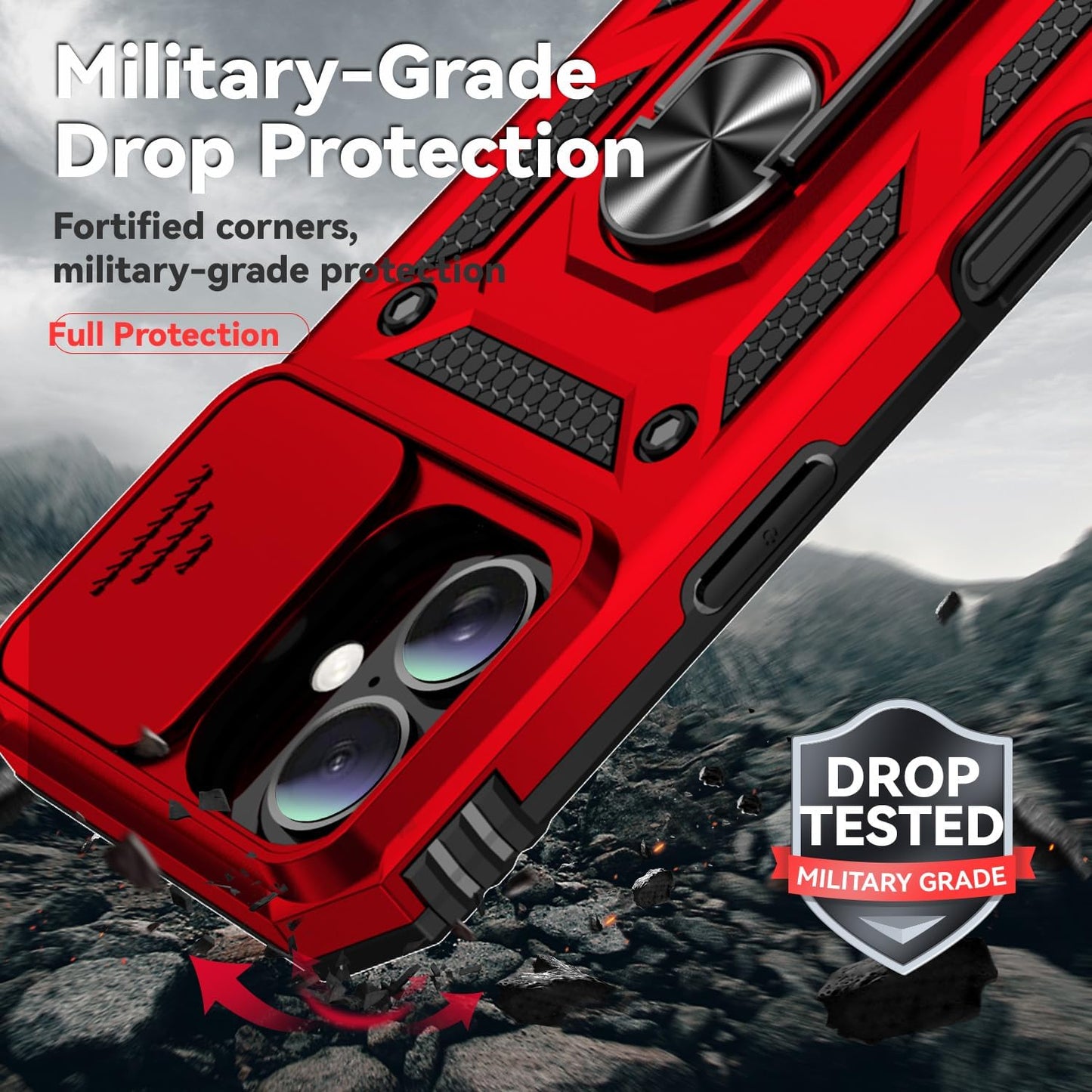 Phone Case for Iphone 16 Case with HD Screen Protector & Slide Camera Cover & Rotated Ring Kickstand, [Military-Grade] Phone Case for Iphone 16 6.1", Red