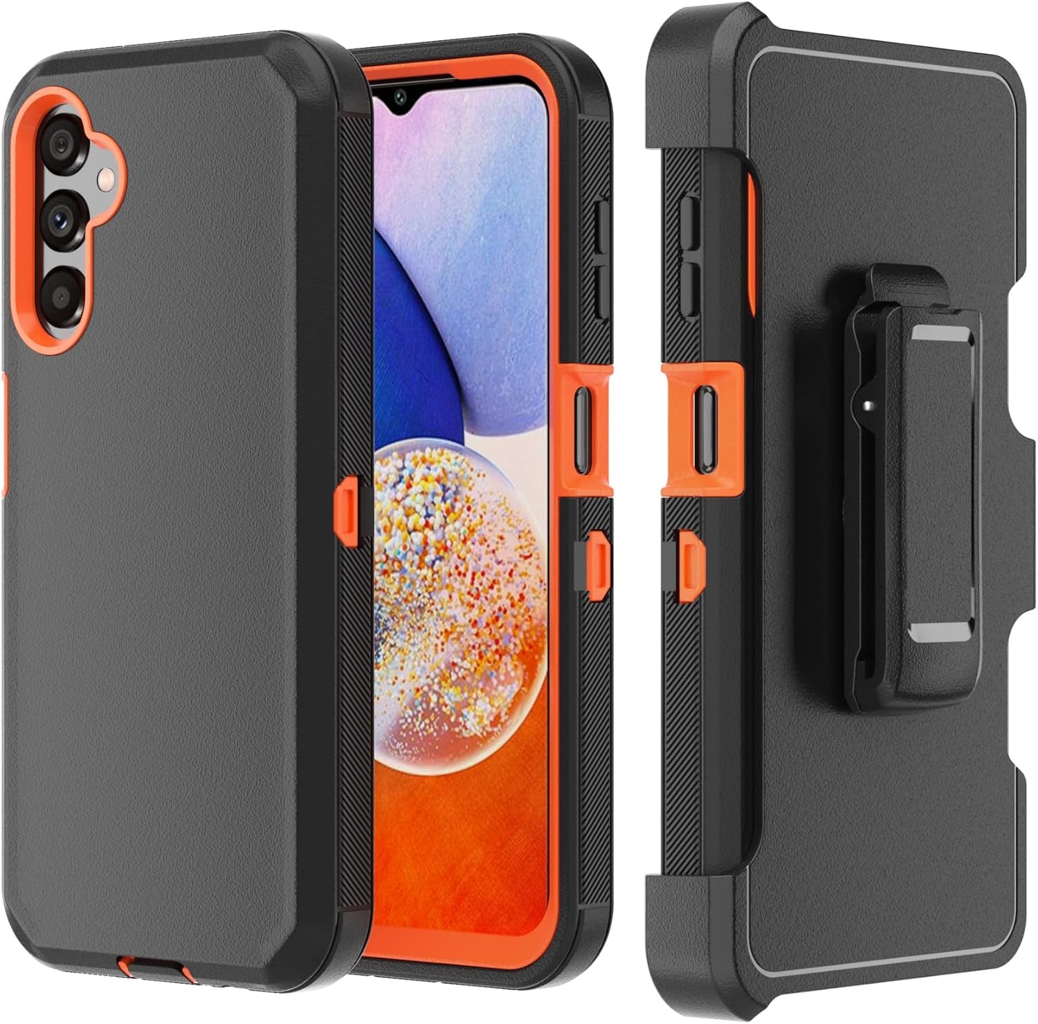 Phone Case for Samsung Galaxy A14 5G Case,Heavy Duty Hard Shockproof Armor Protector Case Cover with Belt Clip Holster for Samsung A14 5G 2023 Phone Case (Black+Orange)