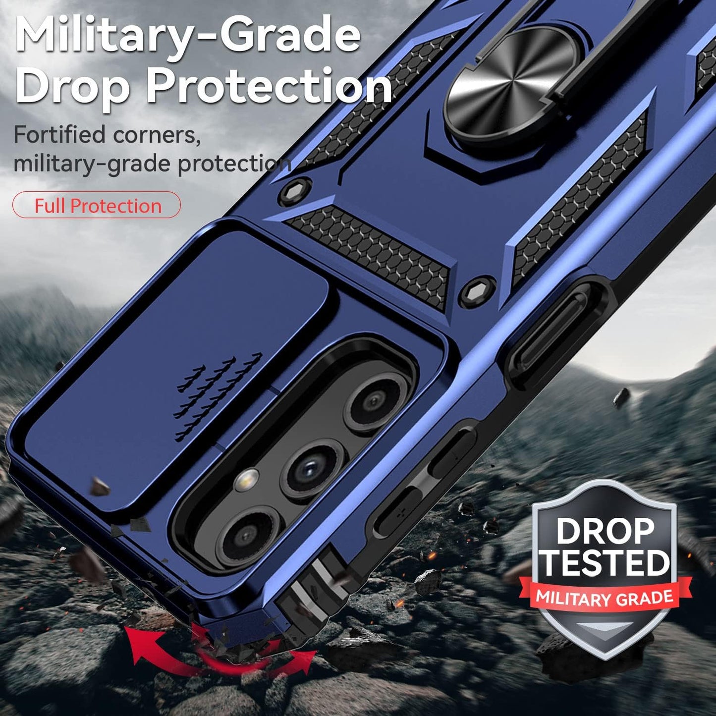 Phone Case for Samsung Galaxy A14 5G Case with HD Screen Protector & Slide Camera Cover & Rotated Ring Kickstand, [Military-Grade] Phone Case for Galaxy A14 5G,Blue