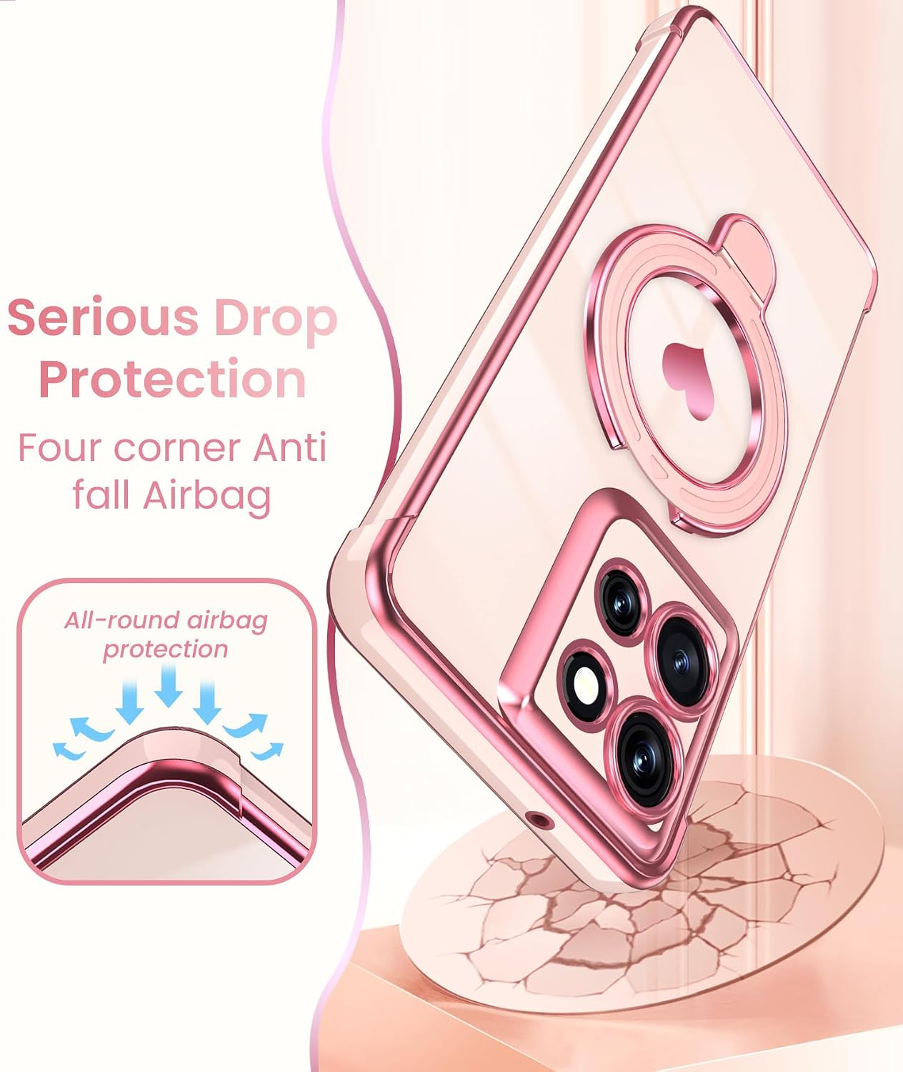 for Motorola Moto G Power 5G 2025/2026 Phone Case with Screen Protector,Cute Love Heart,Ring Metal Kickstand,Plated Gold Edge Soft TPU Protection Cover for Moto G Power 2025/2026 (Pink)