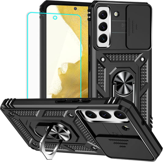 HNHYGETE for Galaxy S22 Case with Screen Protector: [Military Grade 20ft. Drop Tested] Slide Camera Cover Ring Shockproof Protective Phone Case for - Samsung Galaxy S22 (Black)