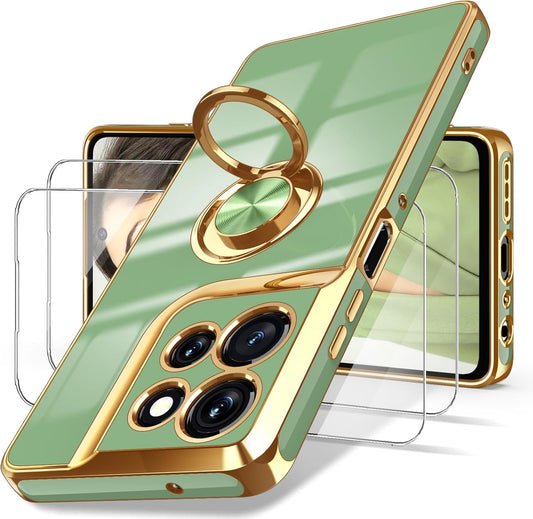 Dretal for Moto G Power 5G 2025 Case, 2X Screen Protector, 360° Rotatable Ring Holder Magnetic Kickstand,Plated Gold Edge Slim Soft TPU Protective Cover for Motorola G Power 5G 2025 (Light Green)