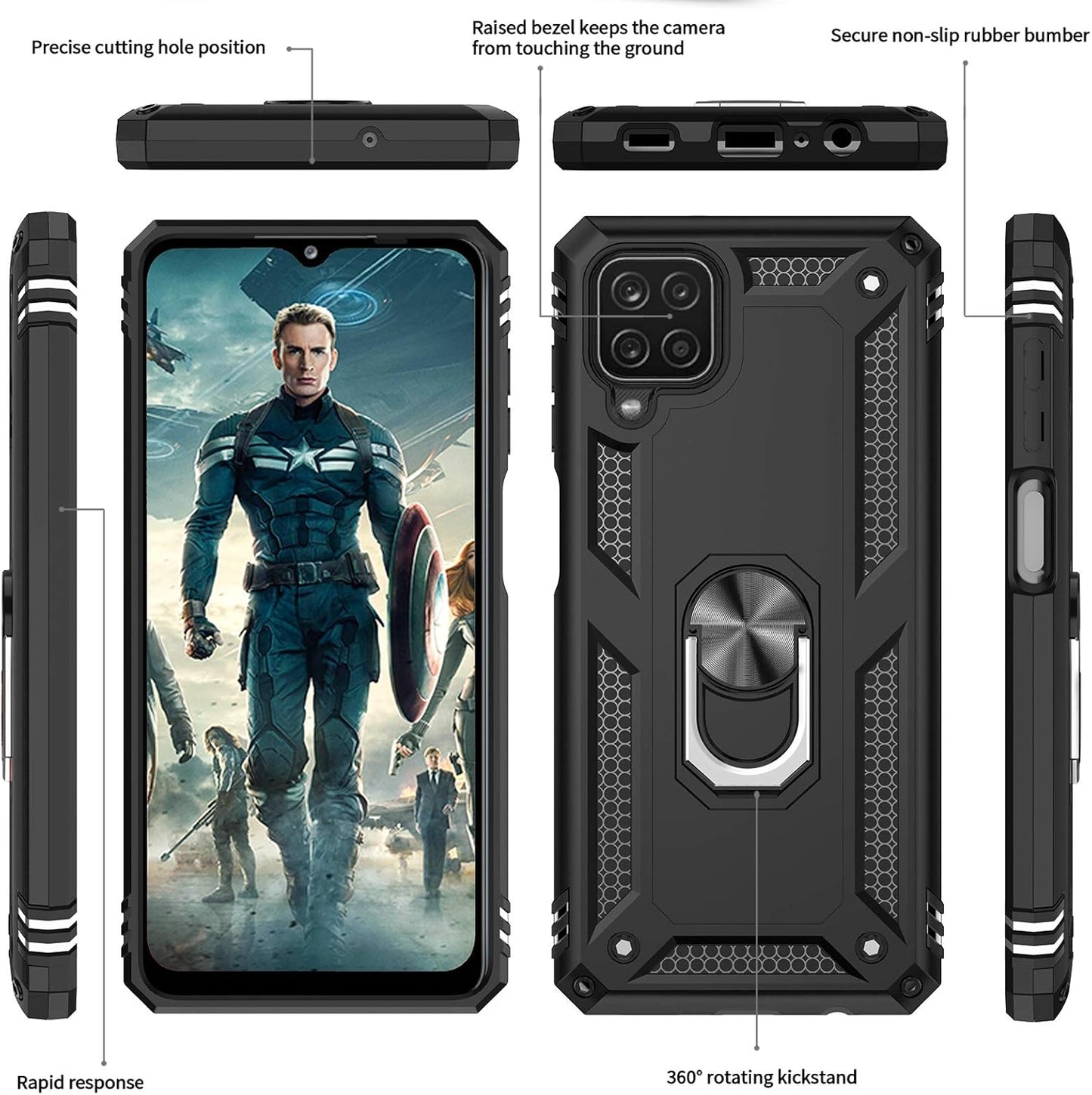 LeYi for Samsung Galaxy A12 Phone Case, Samsung A12 Phone Case with [2 Pack] Glass Screen Protector Replacement, Military-Grade Shockproof Magnetic Ring Stand Cell Android Case Cover A 12 5G, Black