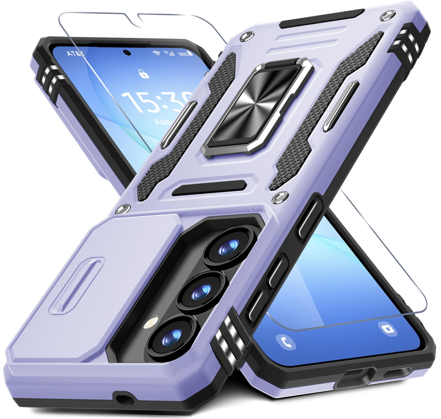 DEERLAMN Case for Samsung Galaxy A17 5G with Slide Camera Cover+Screen Protector (1 Pack), Rotated Ring Kickstand Military Grade Shockproof Protective Cover-Navy Blue