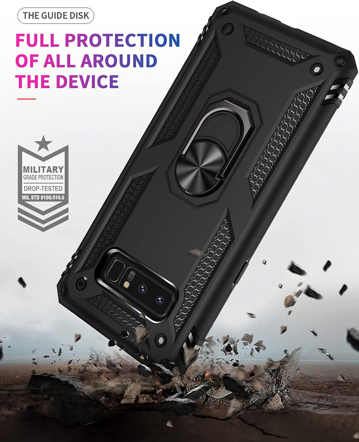 Androgate for Samsung Galaxy Note 8 Case with 3D PET Screen Protectors, Military-Grade Metal Ring Holder Kickstand 15ft Drop Tested Shockproof Cover Case for Samsung Galaxy Note 8 Black
