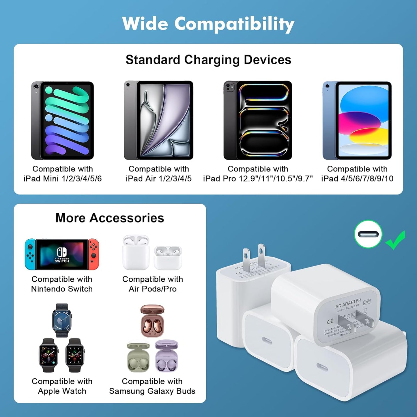 [4 Pack] USB-C Wall Charger, 20W USB-C Power Adapter Replacement for Phone 17/16/15/14/13/15 Pro/Pro Max/Plus/XS/XR/X,Galaxy, Pixel,i Pad and More