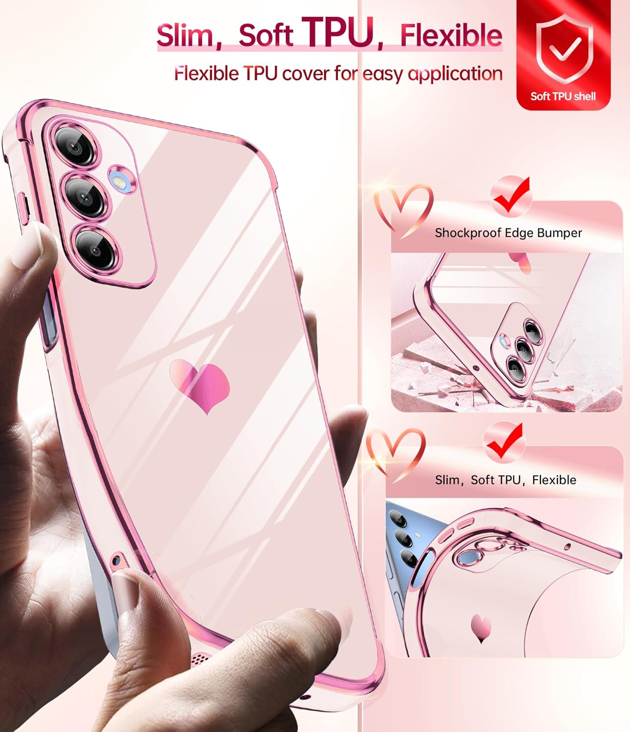 LeYi for Galaxy A16-5G Phone Case: Tempered Glass Screen Protector [2 Pcs]+ Full Camera Lens Protection,Love Heart Plating Luxury Shockproof Phone Case para Samsung A 16 5G Cute,Pink