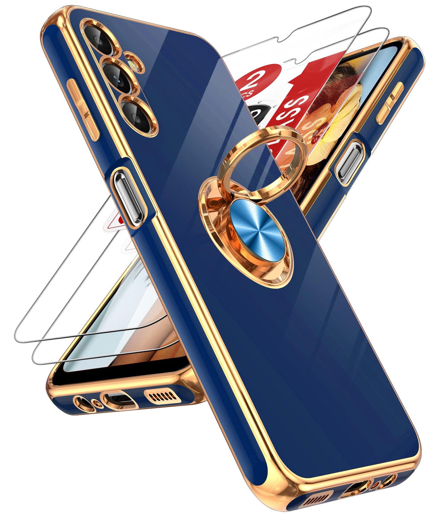 LeYi for Samsung Galaxy A13-5G Phone Case: Tempered Glass Screen Protector, 360° Rotatable Ring Holder Magnetic Kickstand, Plating Rose Gold Edge Protective Case, Black