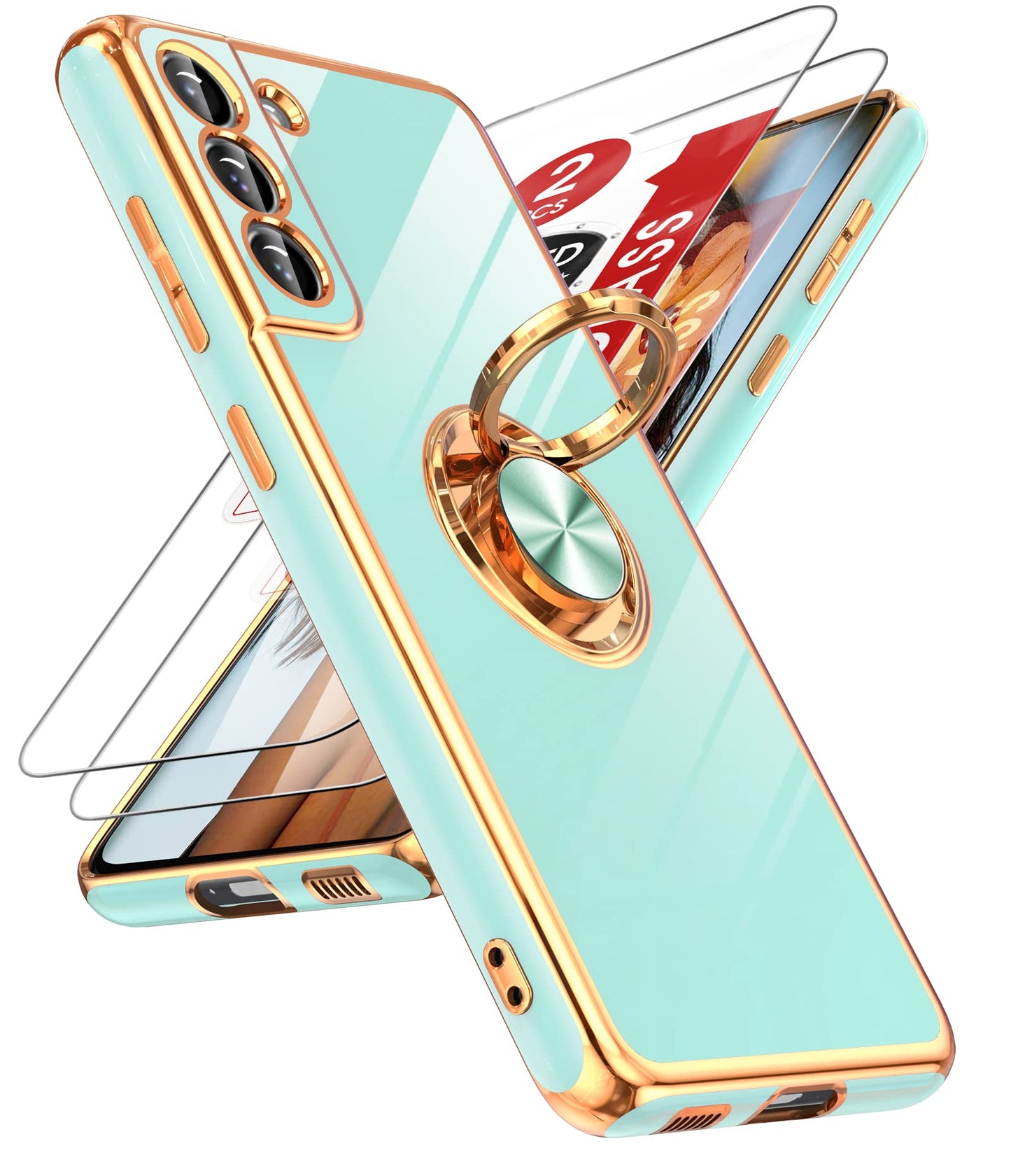 LeYi for Samsung Galaxy S21 FE 5G Case with Tempered Glass Screen Protector [2 Pack] 360° Rotatable Ring Holder Magnetic Kickstand, Plating Rose Gold Edge Protective Case, Blue