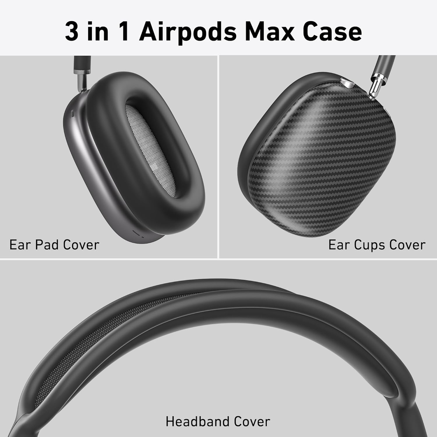 Case Cover for AirPods Max Headphones,AHBTEYM Carbon Fiber Texture TPU Ear Cups Case/Ear Pads/Headband Silicone Cover Compatible with Apple AirPod Max Accessories Protector (Matte Black)