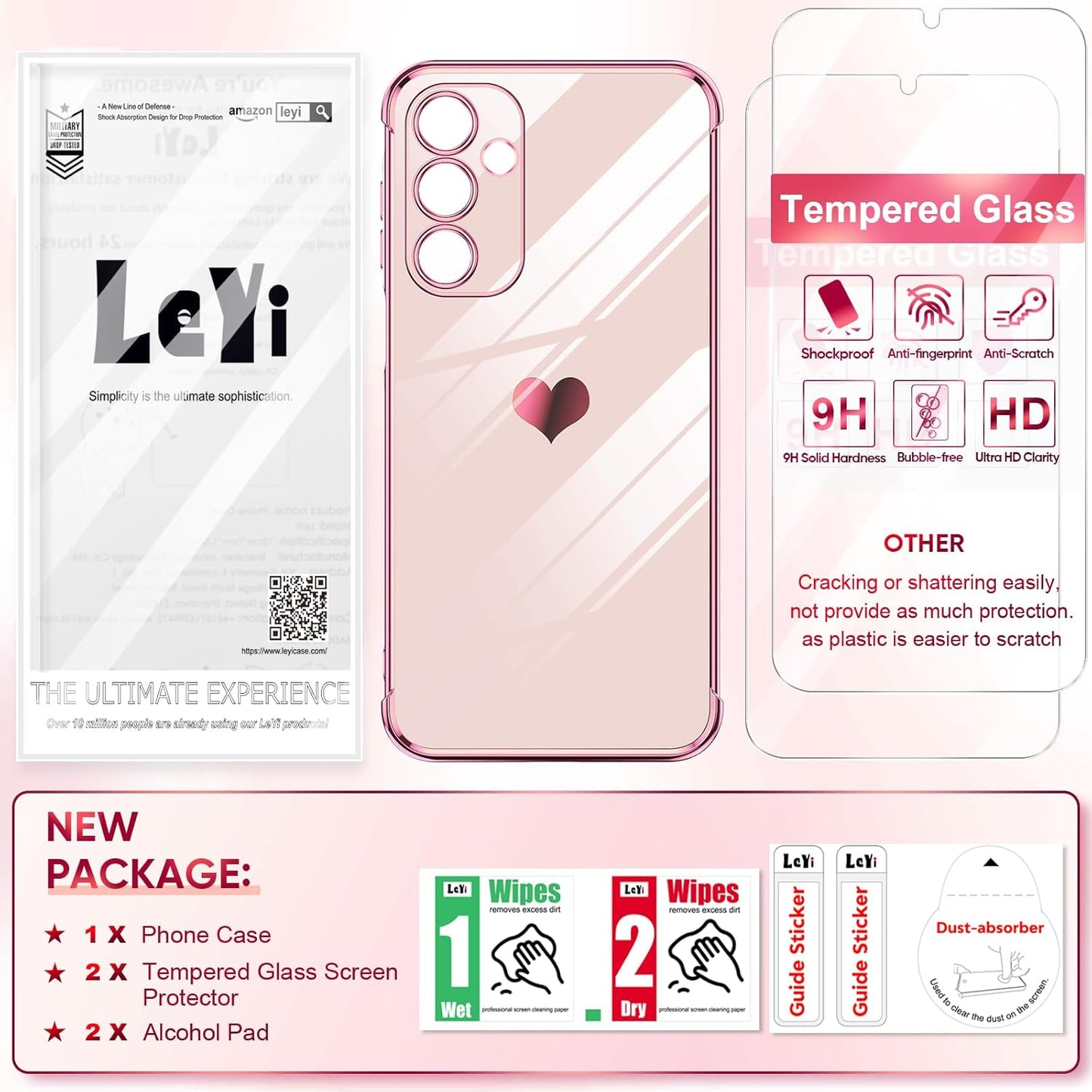 LeYi for Galaxy A16-5G Phone Case: Tempered Glass Screen Protector [2 Pcs]+ Full Camera Lens Protection,Love Heart Plating Luxury Shockproof Phone Case para Samsung A 16 5G Cute,Pink