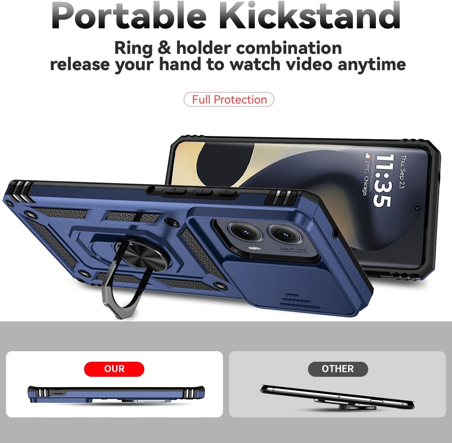for Motorola Edge 2024 Case with Camera Lens Cover Screen Protector, Dual Layer Military-Grade Drop Tested Magnetic Ring Holder Kickstand Protective Phone Case for Motorola Moto Edge 2024 (Navy Blue)