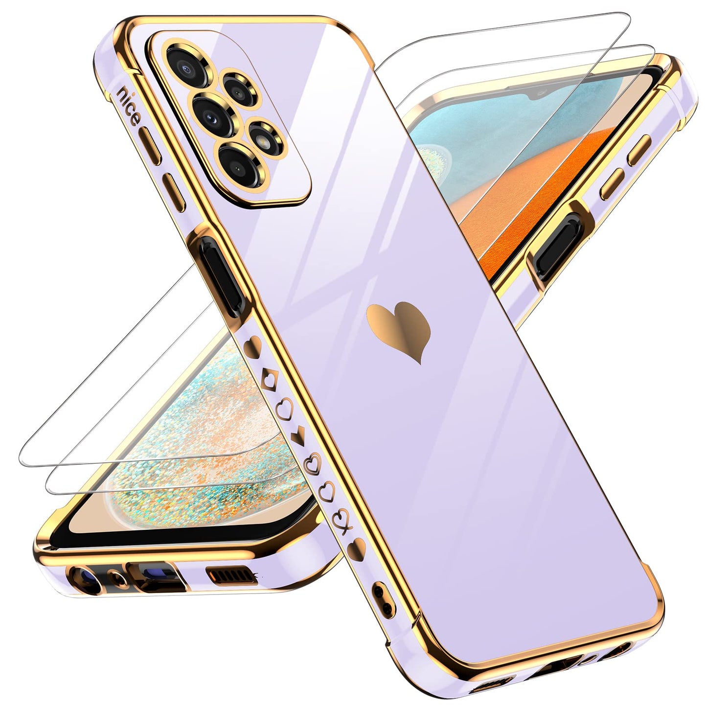 LeYi for Samsung Galaxy A25-5G Phone Case: with Tempered Glass Screen Protector [2 Pcs]+ Full Camera Lens Protection, Love Heart Plating Women Luxury Soft TPU Shockproof Case for Samsung A25 5G, Pink