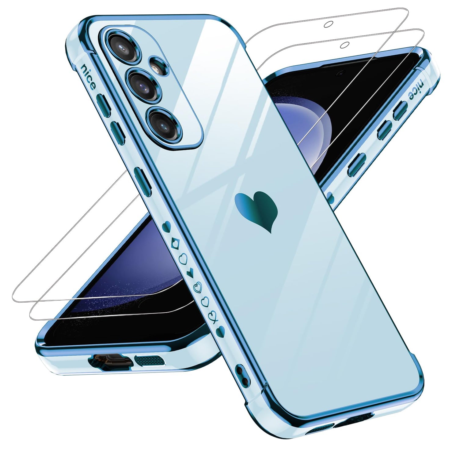 LeYi for Galaxy S23 FE Case: with Tempered Glass Screen Protector [2 Pcs]+ Full Camera Lens Protection, Love Heart Plating Women Cute Luxury Soft TPU Shockproof Case for Samsung S23FE 5G, Pink