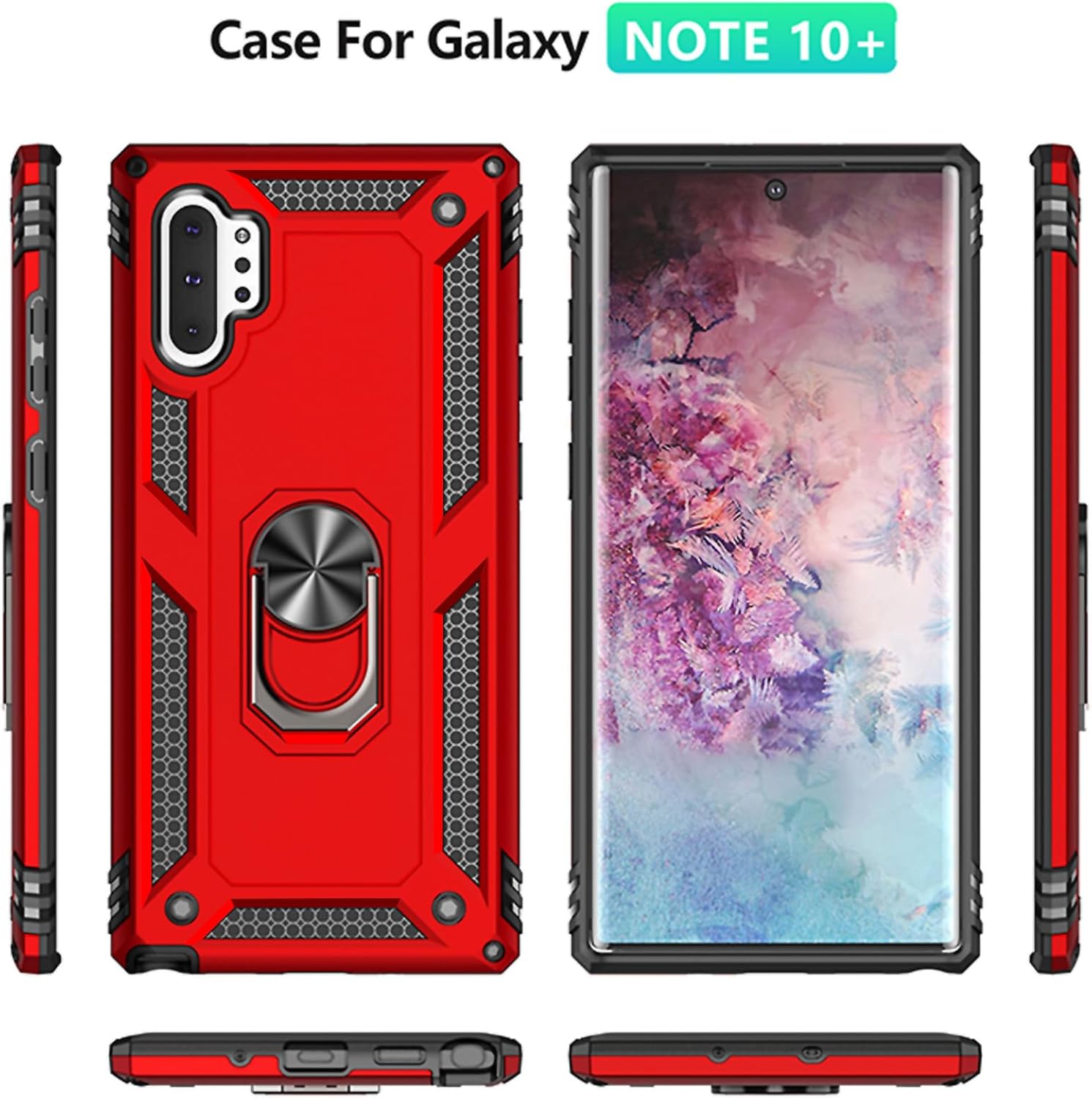 for Samsung Galaxy Note 10 Plus Case with Screen Protector:[Military Grade Drop Tested] Ring Holder Kickstand Shockproof Anti-Slip Protective Phone Case for Note 10 Plus 6.8- Red