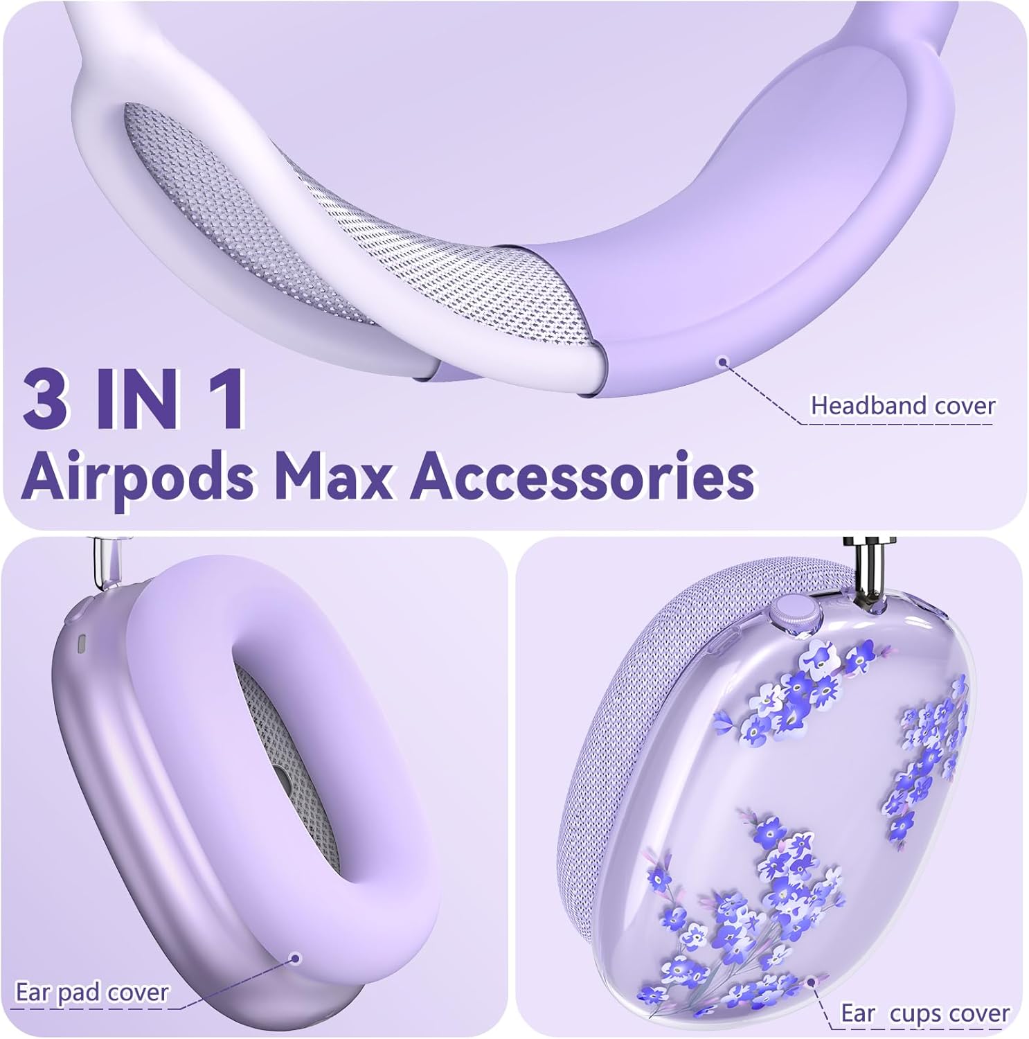 Silicone Cases for AirPods Max Headphones,Clear Flower Soft TPU Ear Cups Cover,Ear Pad Case Cover,Headband Cover for AirPod Max,Transparent Case for Apple AirPods Max USB-C(2024) for Women,Purple