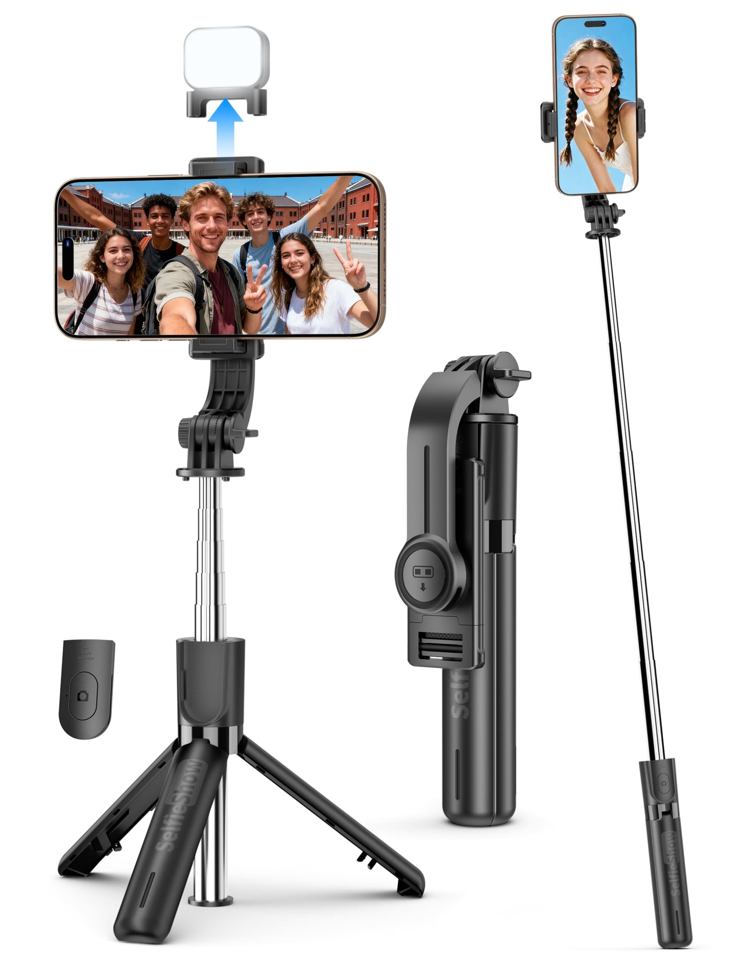 Portable Selfie Stick, 4 in 1 Extendable Phone Tripod Stand with Detachable Wireless Remote & Phone Holder 360° Rotating Mini Travel Tripod Compatible with iPhone 16/15/14/13 Pro/Android/Gopro