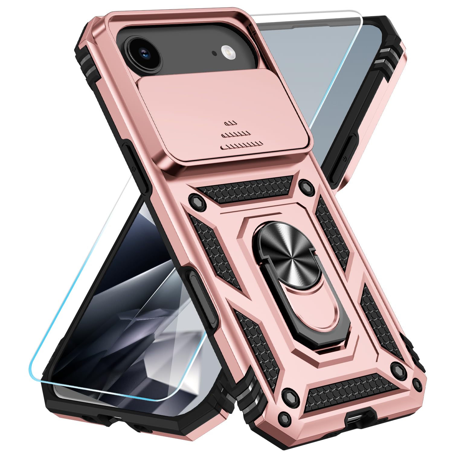 SunStory Compatible with iPhone 17 Case with HD Screen Protector & Slide Camera Cover & Rotated Ring Kickstand, [Military-Grade] iPhone Case for iPhone 17,Red