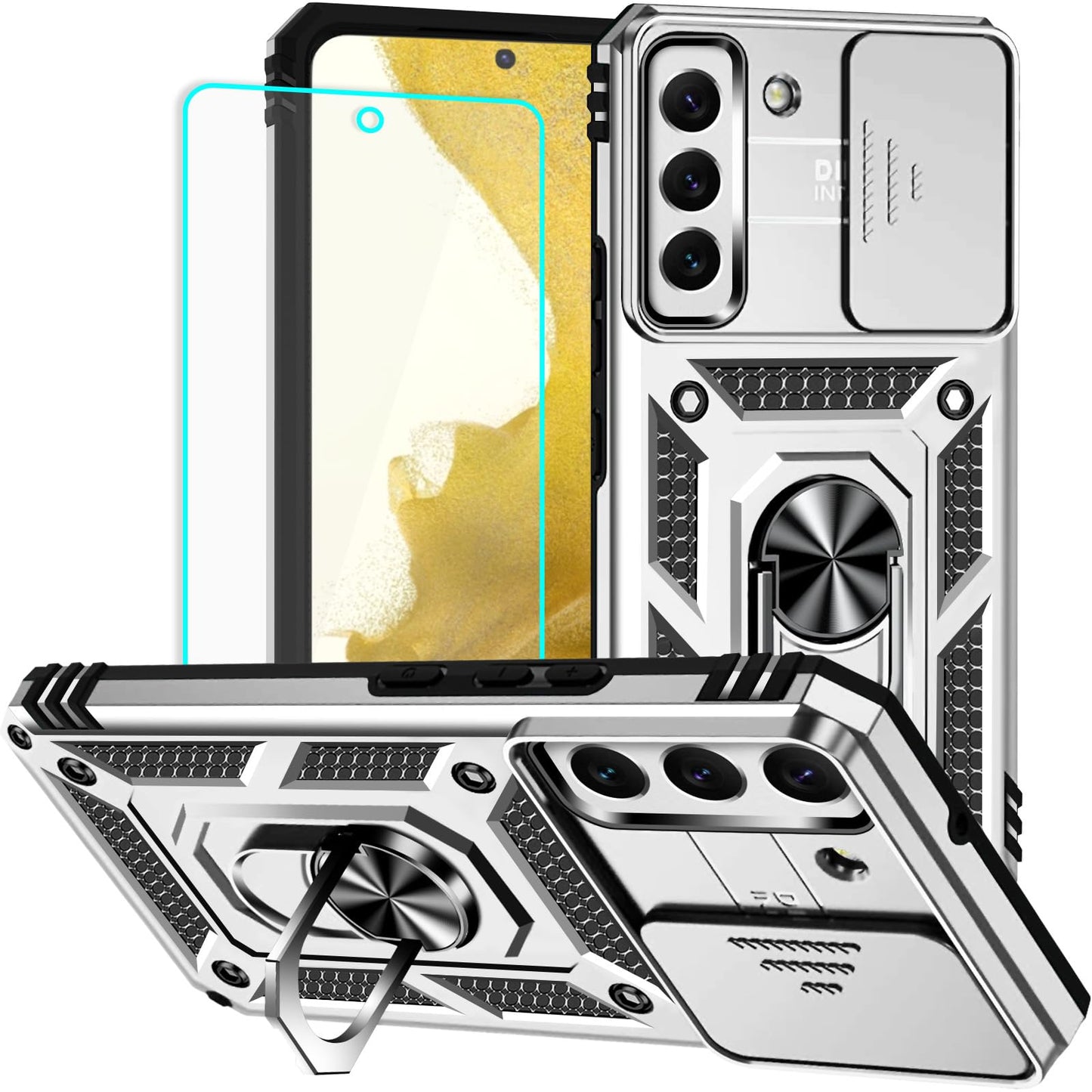 HNHYGETE for Galaxy S22 Case with Screen Protector: [Military Grade 20ft. Drop Tested] Slide Camera Cover Ring Shockproof Protective Phone Case for - Samsung Galaxy S22 (Black)