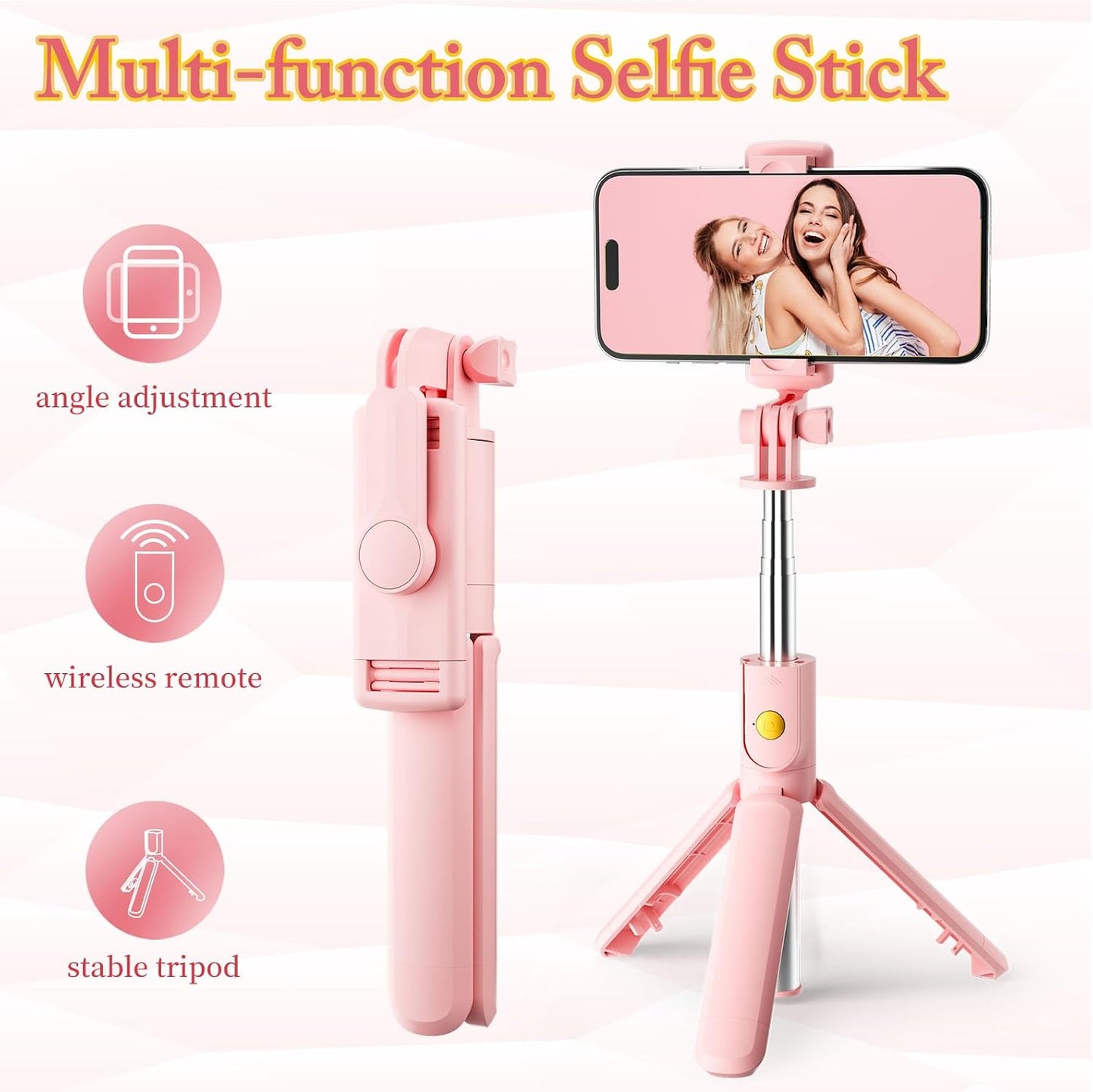 Pink Selfie Stick Tripod, with Wireless Remote Control, Live Streaming and Video Recording, Compatible with Android, iPhone and More