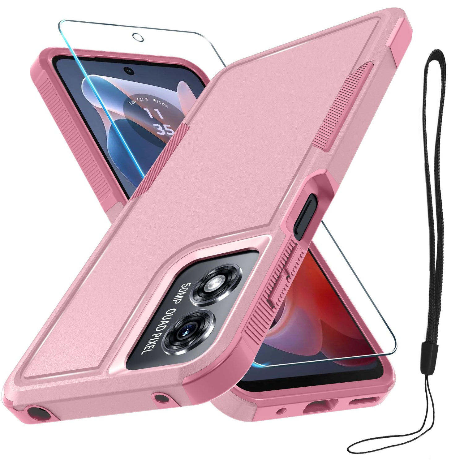 for Motorola G Play 2026/Moto G 2026 Case, Full Body Heavy Duty Rugged Shockproof Protective Phone Cover with Lanyard Strap+Tempered Glass Screen Protector, Black Matte