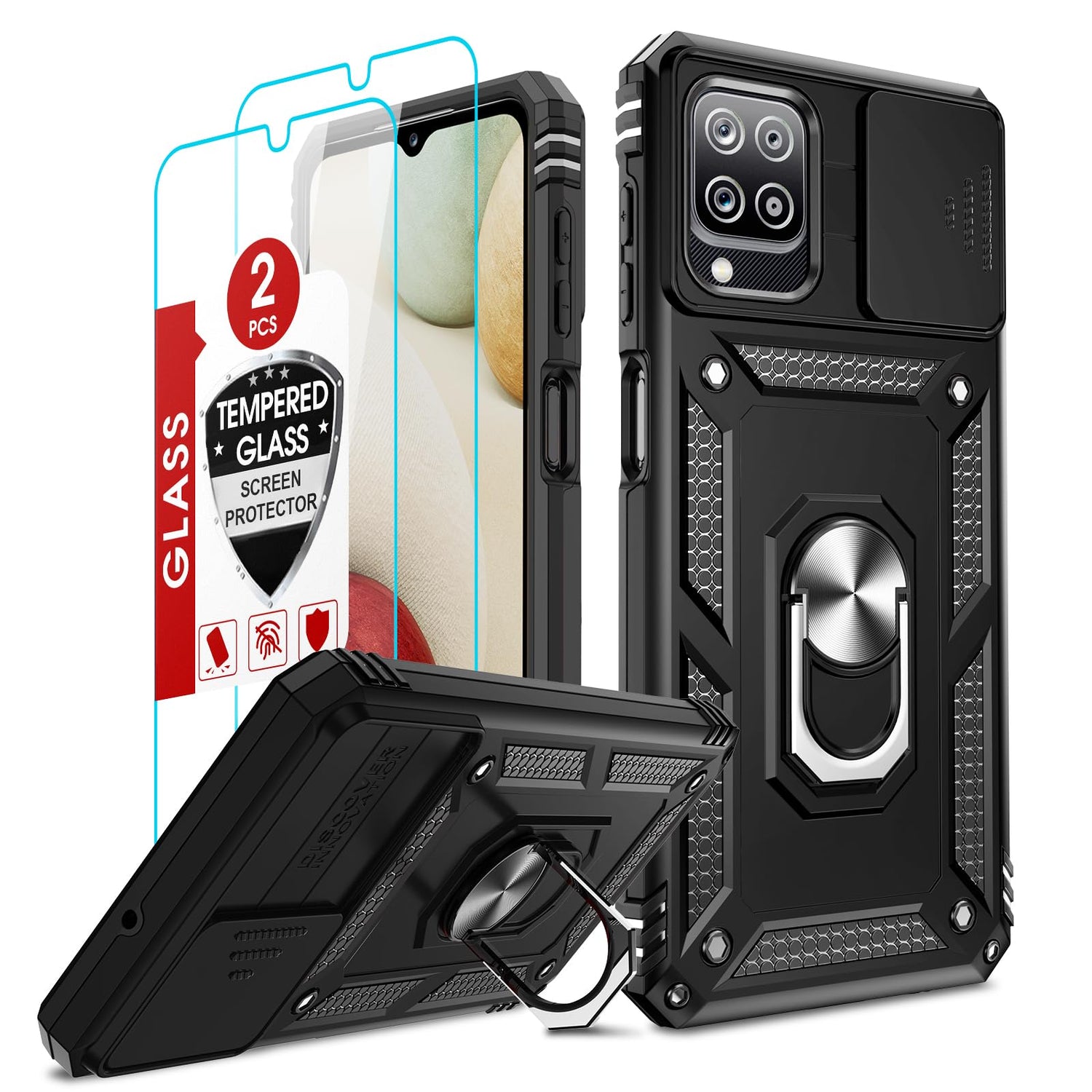 LeYi for Samsung Galaxy A12 Phone Case, Samsung A12 Phone Case with [2 Pack] Glass Screen Protector Replacement, Military-Grade Shockproof Magnetic Ring Stand Cell Android Case Cover A 12 5G, Black