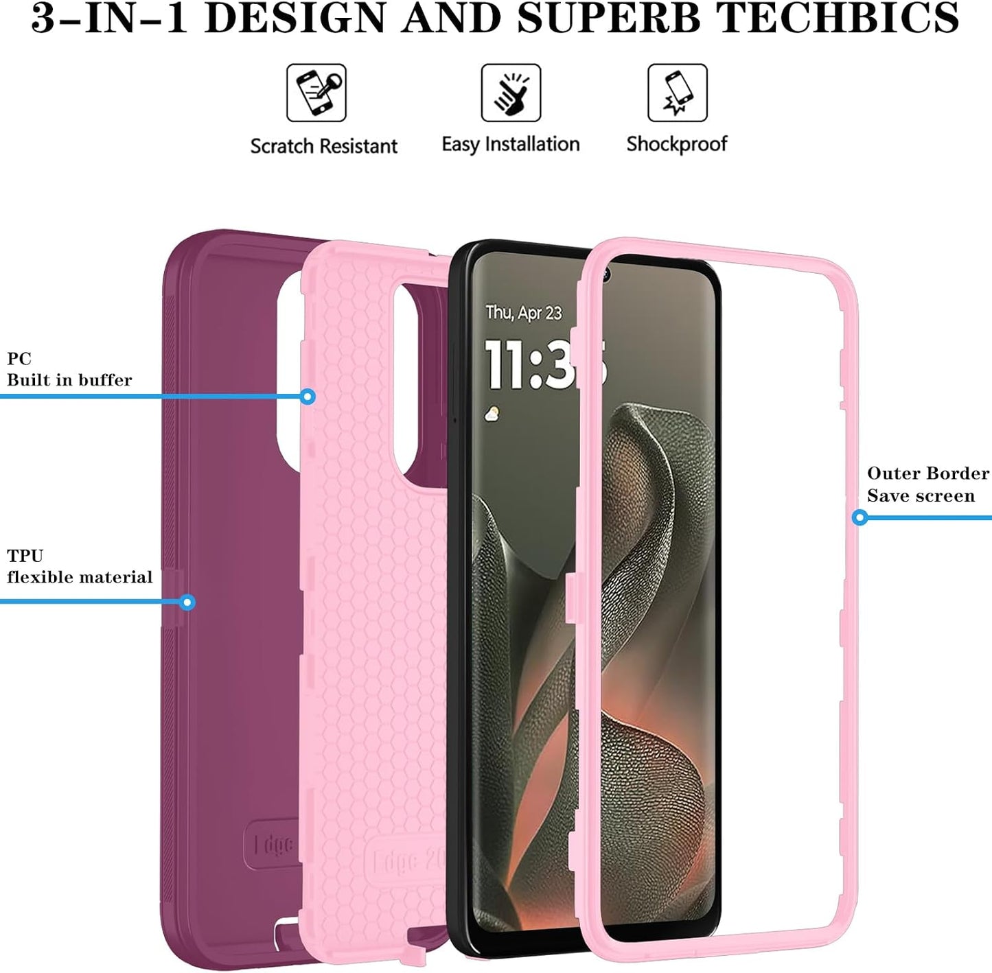 Qinmay Phone Case for Motorola Moto Edge 5G 2025 Case, Heavy Duty Shockproof & Dropproof 3-Layer Cover Phone Case for Moto Edge 2025 (WineRedPink)