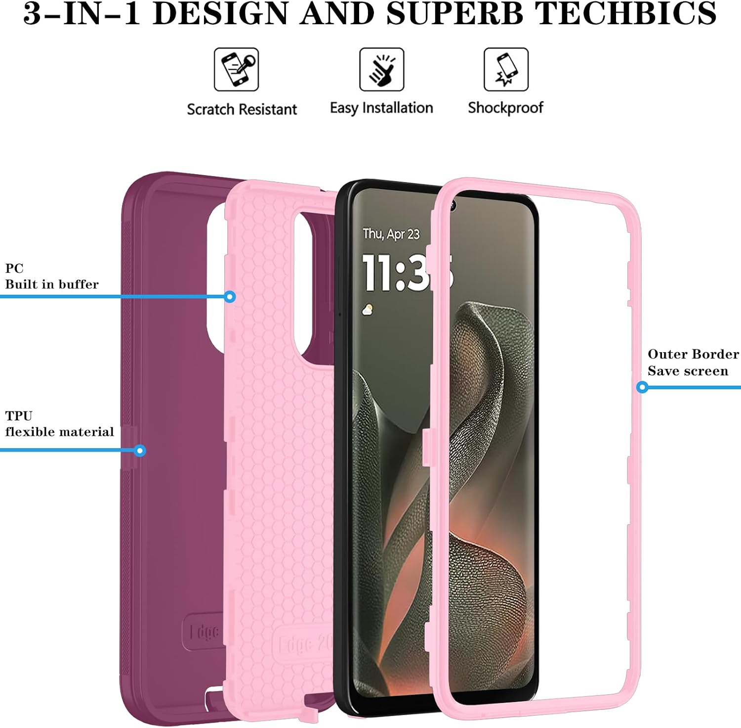 Qinmay Phone Case for Motorola Moto Edge 5G 2025 Case, Heavy Duty Shockproof & Dropproof 3-Layer Cover Phone Case for Moto Edge 2025 (WineRedPink)