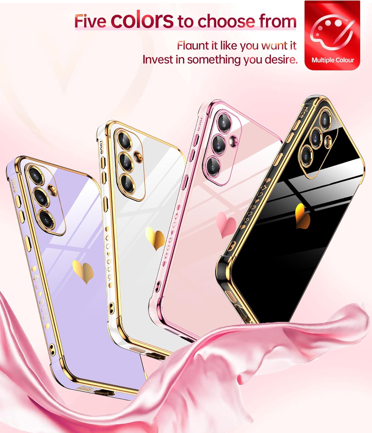 LeYi for Galaxy S23 FE Case: with Tempered Glass Screen Protector [2 Pcs]+ Full Camera Lens Protection, Love Heart Plating Women Cute Luxury Soft TPU Shockproof Case for Samsung S23FE 5G, Pink