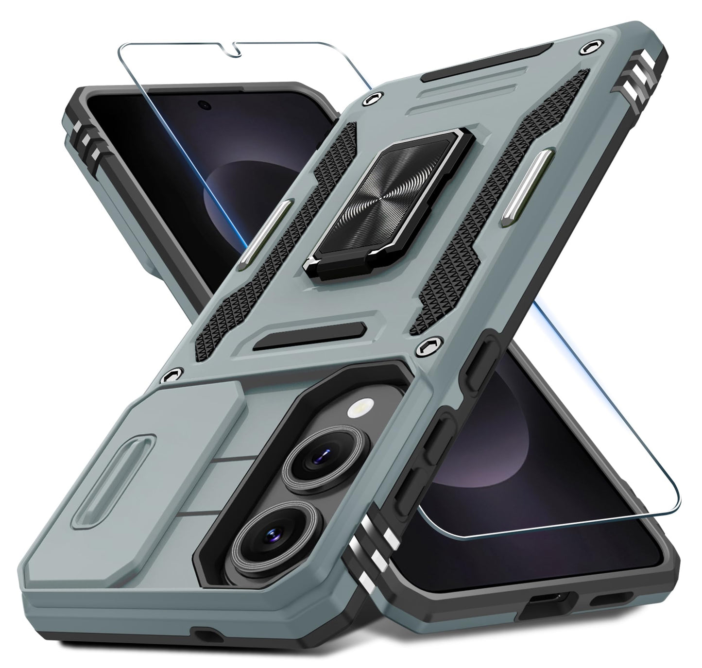 DEERLAMN Case for Samsung Galaxy A17 5G with Slide Camera Cover+Screen Protector (1 Pack), Rotated Ring Kickstand Military Grade Shockproof Protective Cover-Navy Blue
