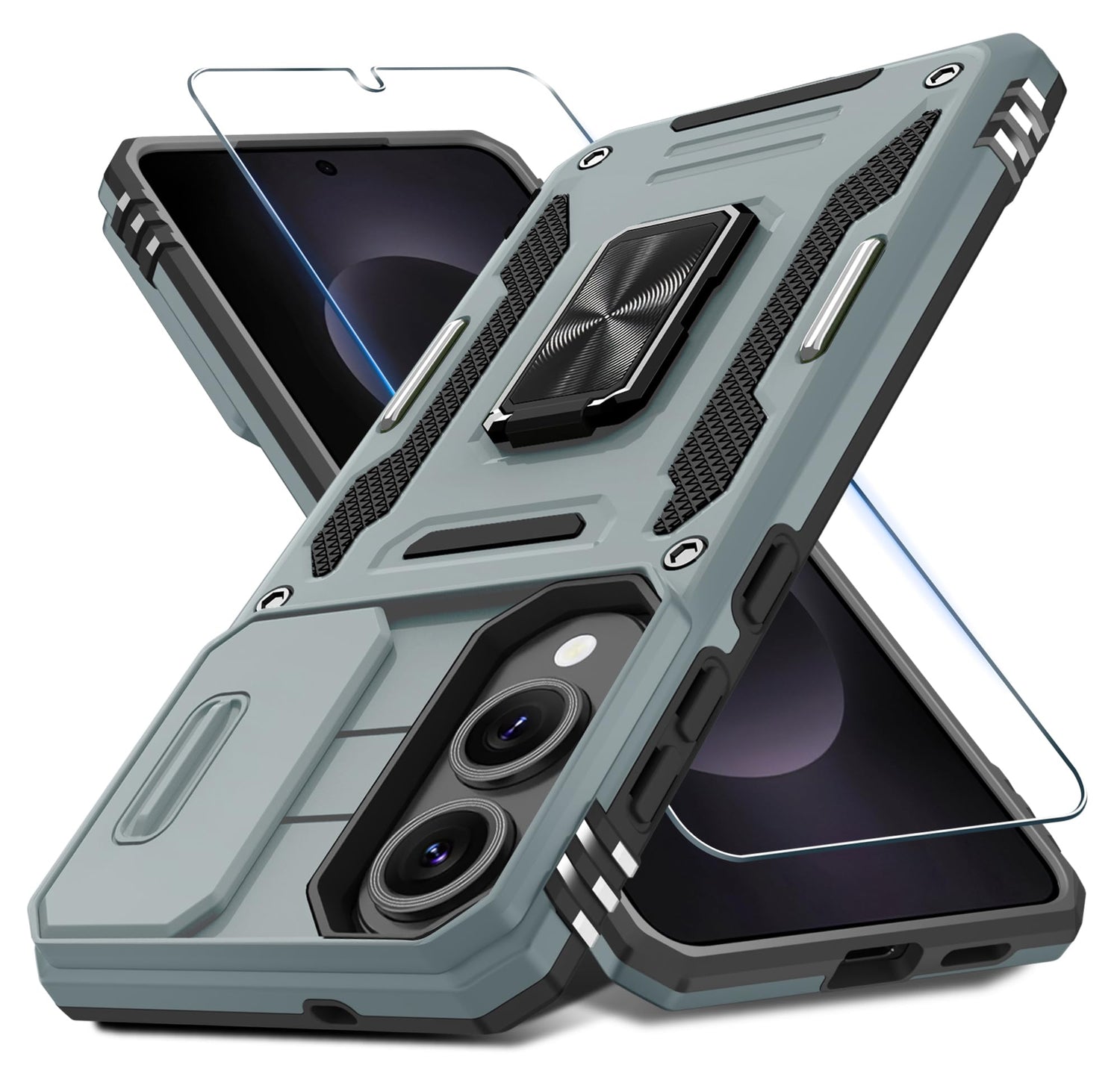 DEERLAMN Case for Samsung Galaxy A17 5G with Slide Camera Cover+Screen Protector (1 Pack), Rotated Ring Kickstand Military Grade Shockproof Protective Cover-Navy Blue