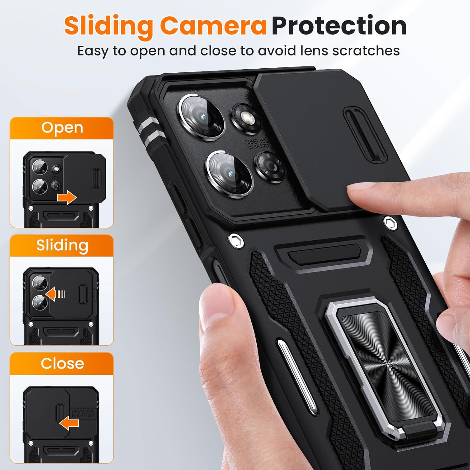 for Moto G Power 2025 Case/Moto G Power 2026 Case with 2 PCS HD Screen Protector, Slide Camera Cover Military Grade Drop Protection 360° Ring Holder Kickstand, Heavy Duty Shockproof, Black