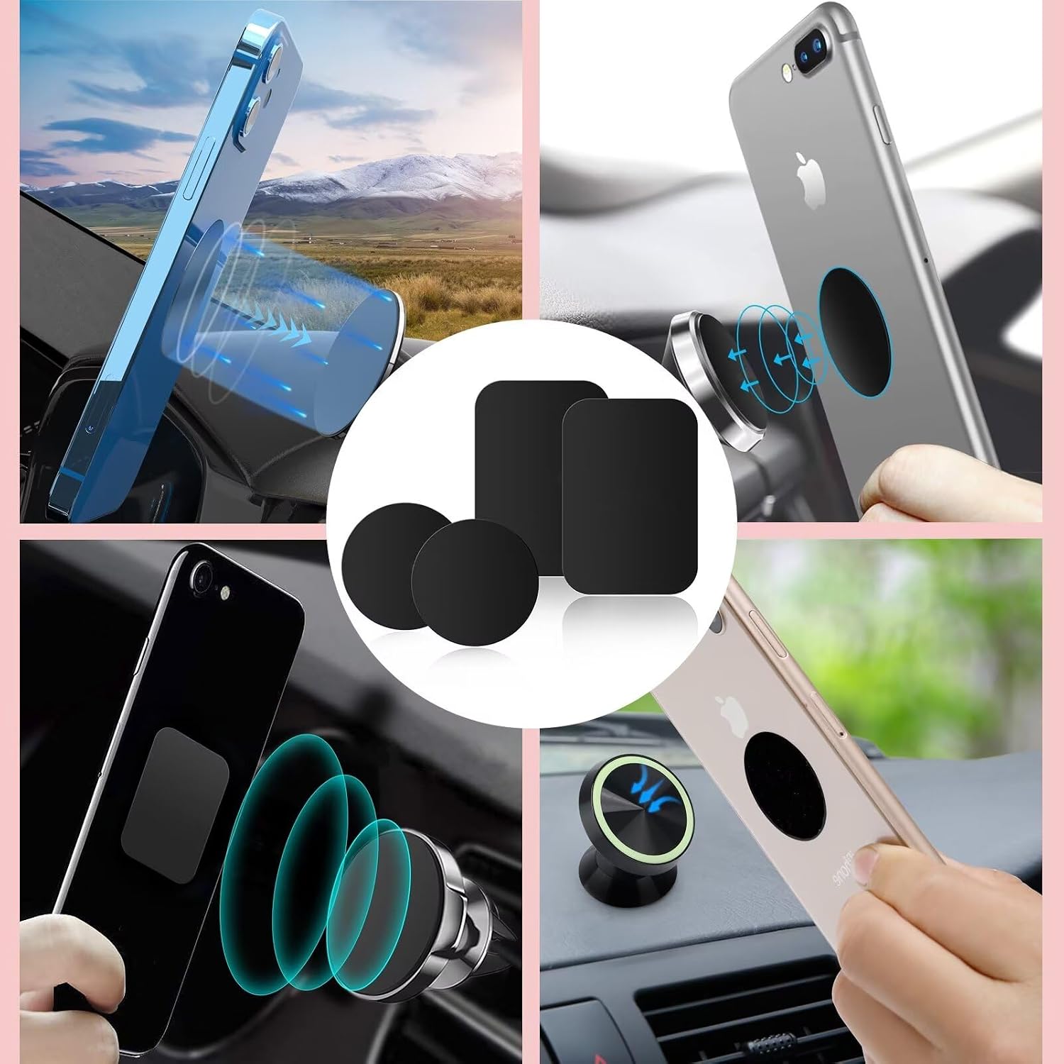 Adhesive Thin Metal Plates(Compatible with Magnetic Mounts),4 Piece Metal Plates for Phone Case(2 Rectangle and 2 Round) S-07N(Black)