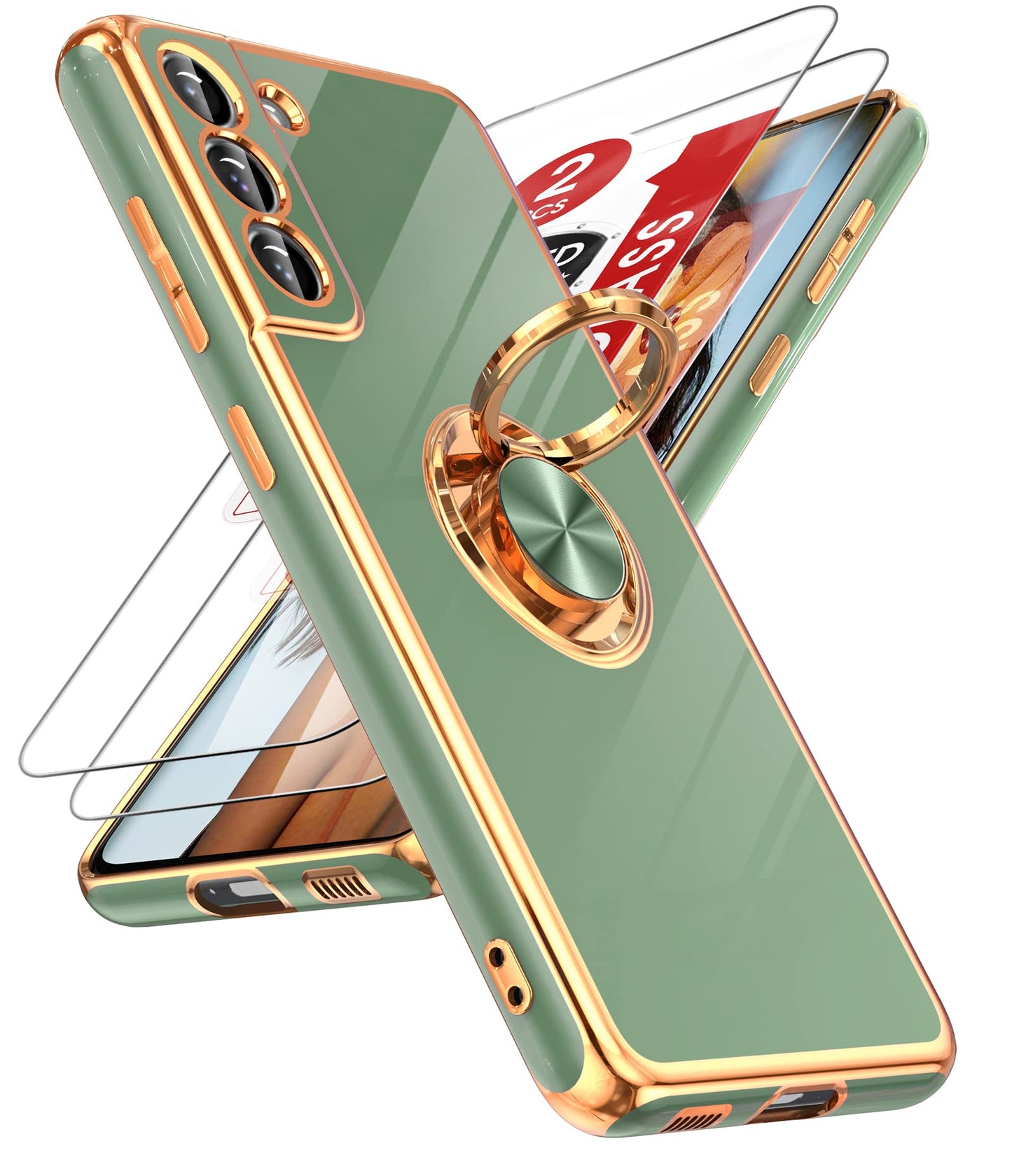 LeYi for Samsung Galaxy S21 FE 5G Case with Tempered Glass Screen Protector [2 Pack] 360° Rotatable Ring Holder Magnetic Kickstand, Plating Rose Gold Edge Protective Case, Blue