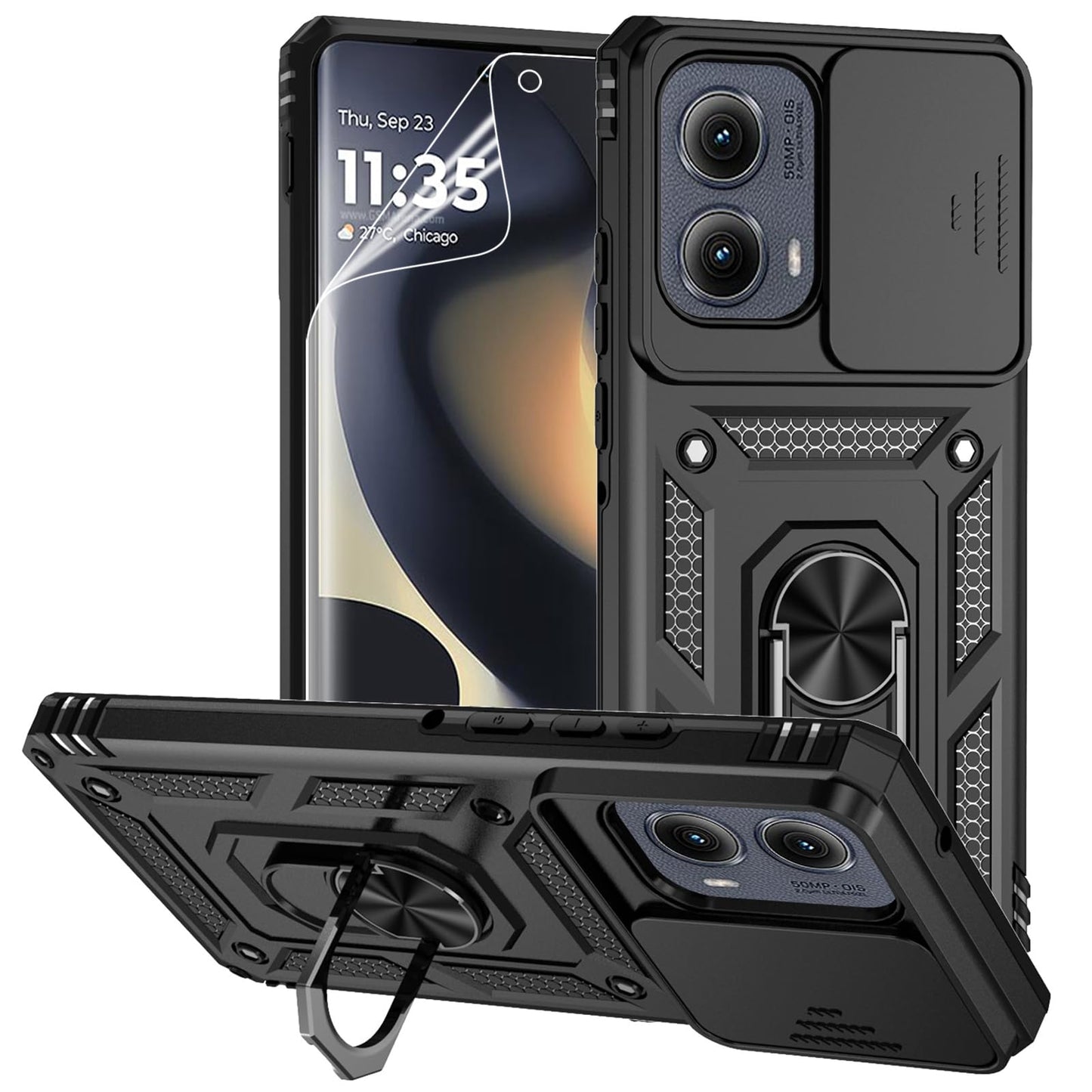 for Motorola Edge 2024 Case with Camera Lens Cover Screen Protector, Dual Layer Military-Grade Drop Tested Magnetic Ring Holder Kickstand Protective Phone Case for Motorola Moto Edge 2024 (Navy Blue)