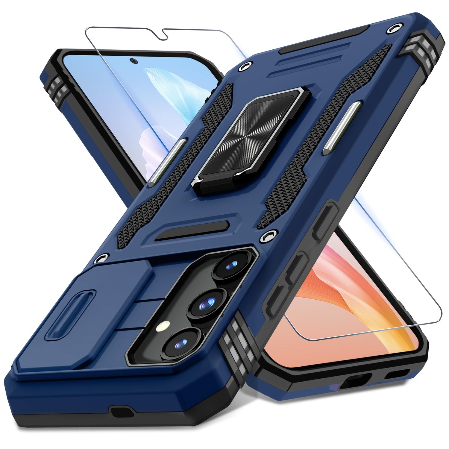 DEERLAMN Case for Samsung Galaxy S24+ Plus with Slide Camera Cover+Screen Protector (1 Pack), Rotated Ring Kickstand Military Grade Shockproof Protective Cover-Black