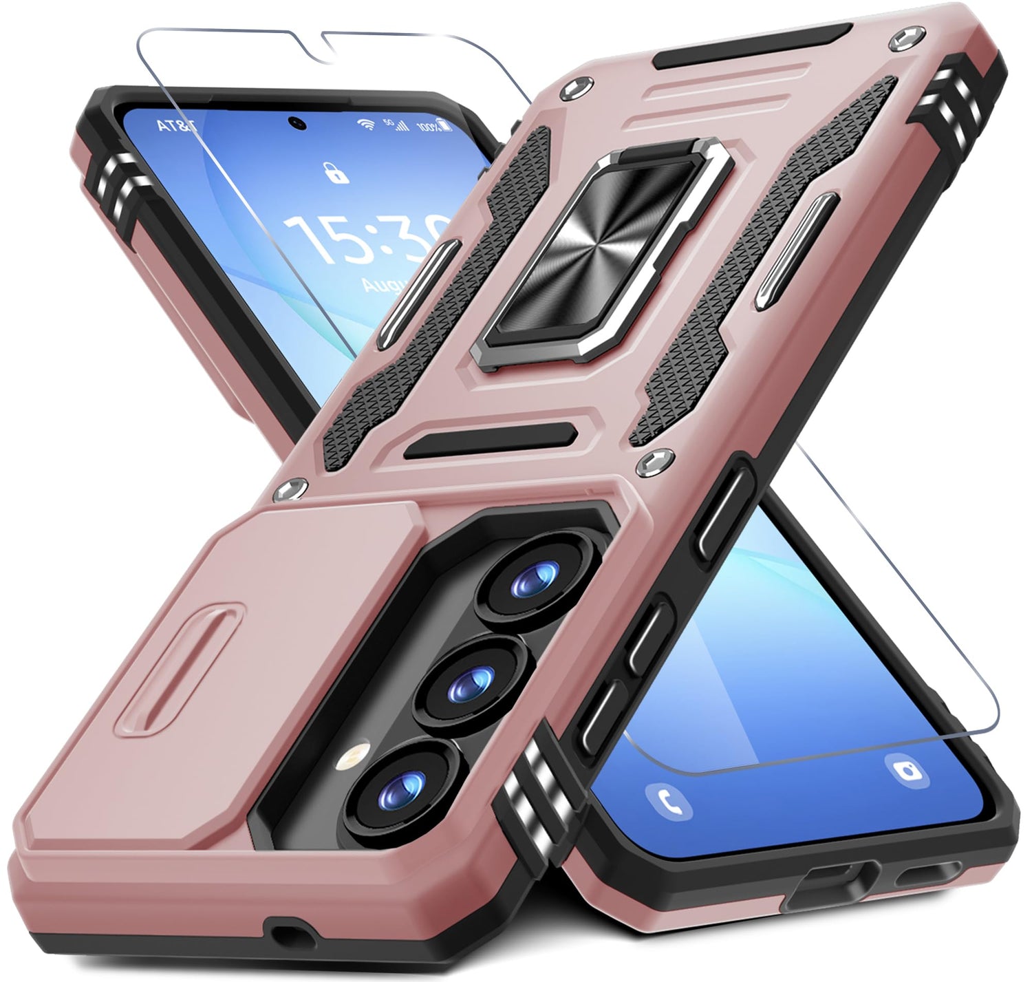 DEERLAMN Case for Samsung Galaxy A17 5G with Slide Camera Cover+Screen Protector (1 Pack), Rotated Ring Kickstand Military Grade Shockproof Protective Cover-Navy Blue