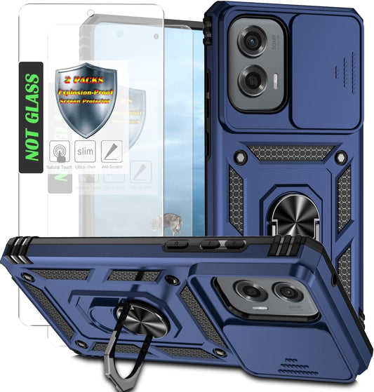 AYMECL for Moto G Stylus 5G 2024 Case with 2 Pcs Explosion-Proof Film, Slide Camera Cover Protective Case with Magnetic Ring Kickstand - Blue
