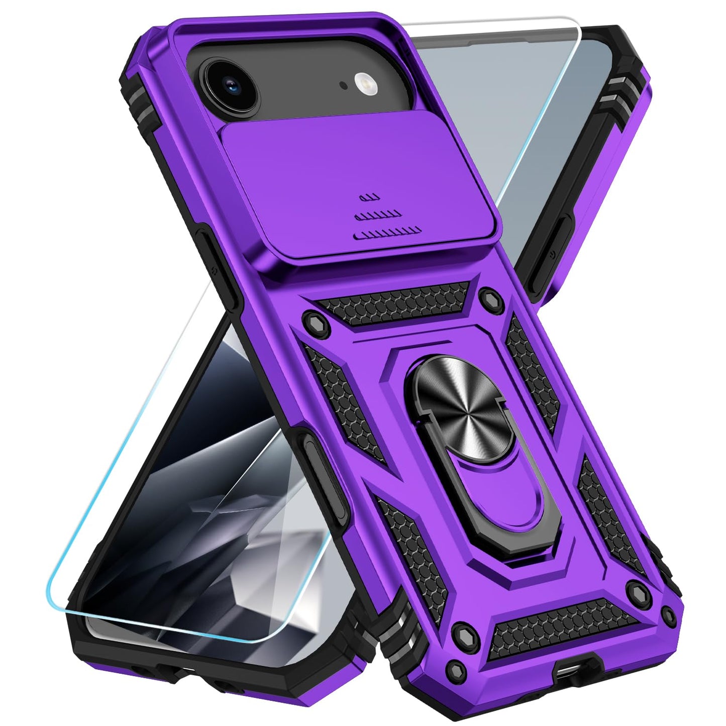SunStory Compatible with iPhone 17 Case with HD Screen Protector & Slide Camera Cover & Rotated Ring Kickstand, [Military-Grade] iPhone Case for iPhone 17,Red