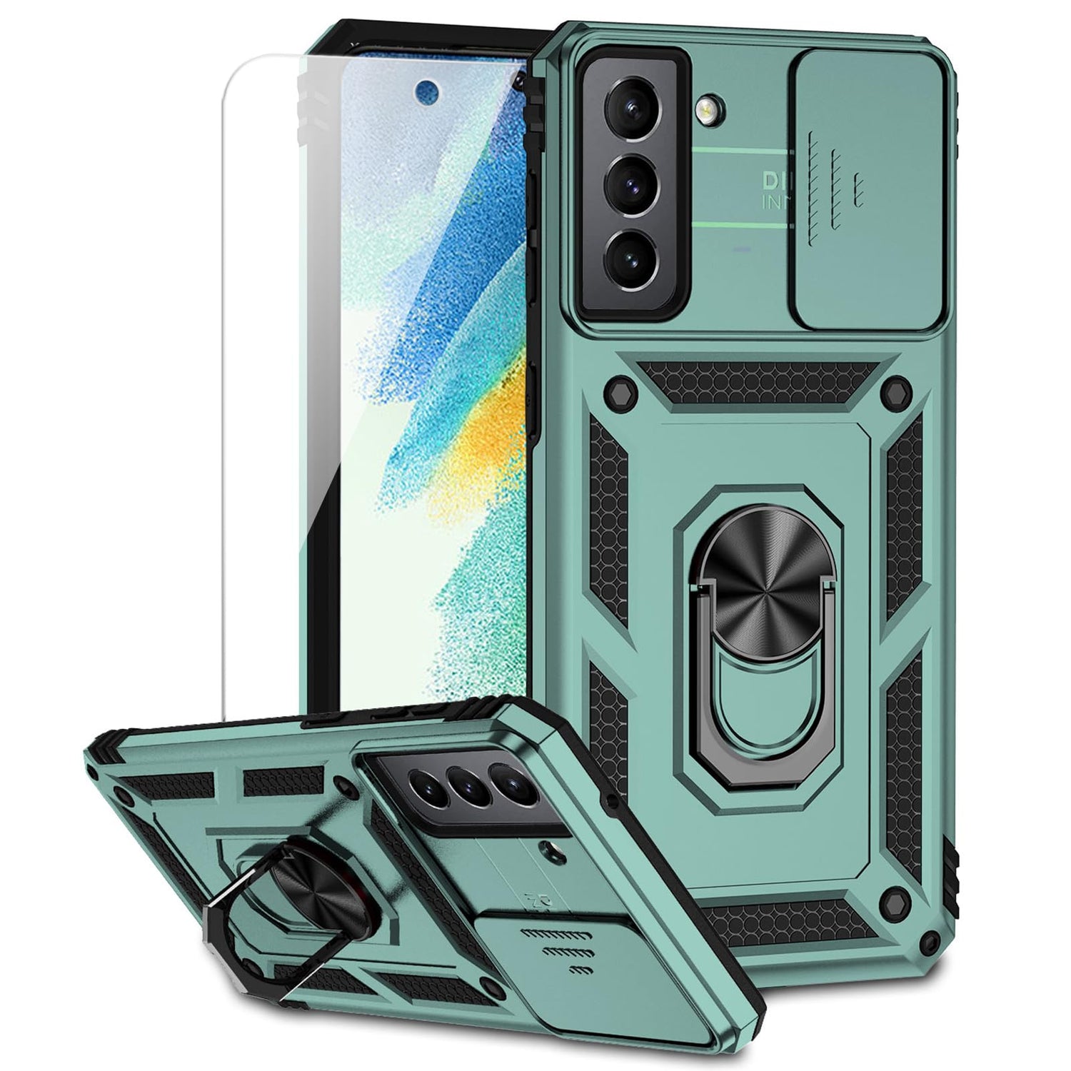for Samsung Galaxy S21 FE 5G Case with Camera Lens Cover HD Screen Protector, Military-Grade Drop Tested Magnetic Ring Holder Kickstand Protective Phone Case for Samsung Galaxy S21 FE 5G (Navy Blue)