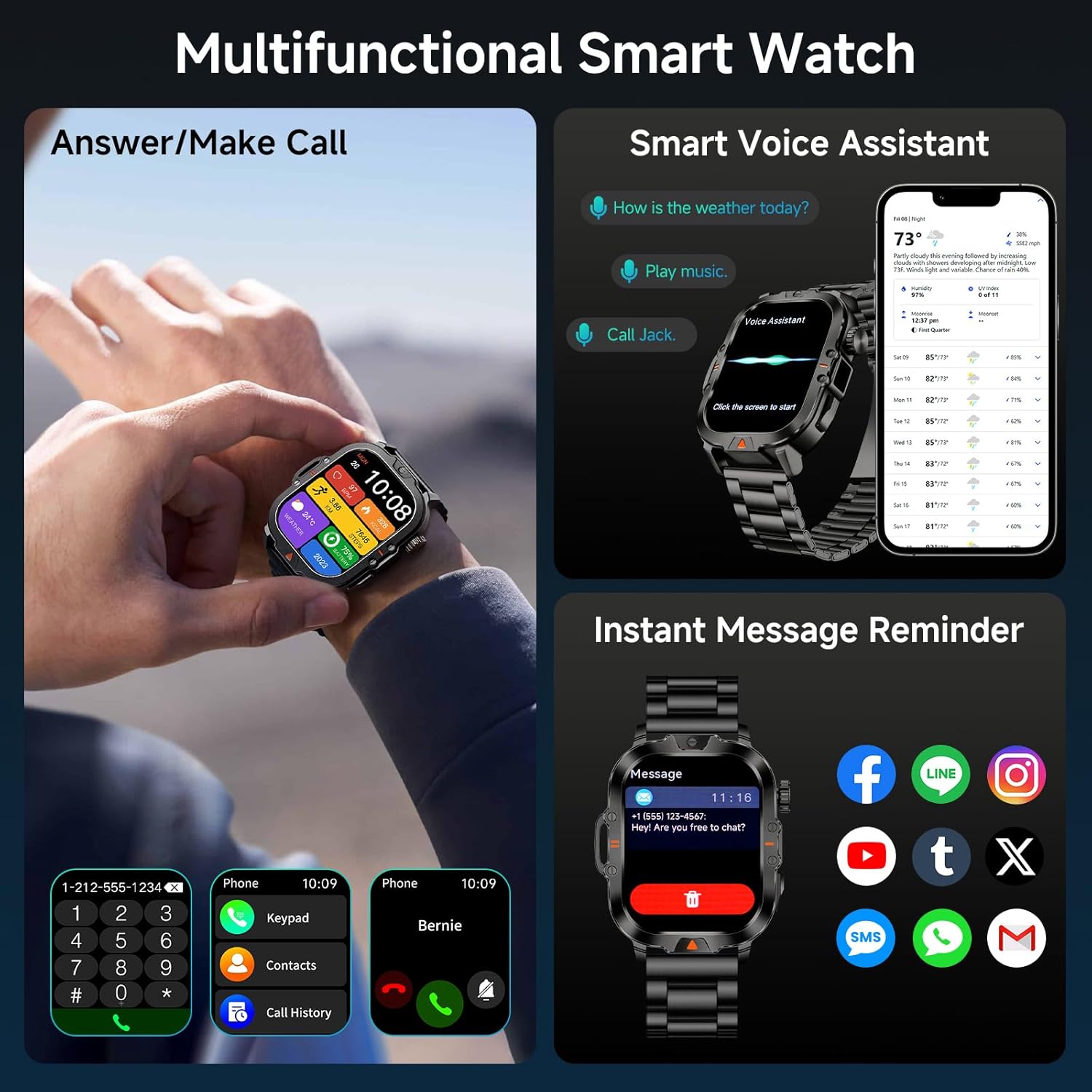 Smart Watch for Men Military Answer/Make Call 2.01″ Display 170+ Sports Modes Fitness Smart Watch IP68 Waterproof 30 Days Standby Smartwatch for Android iOS Black (2 Straps)